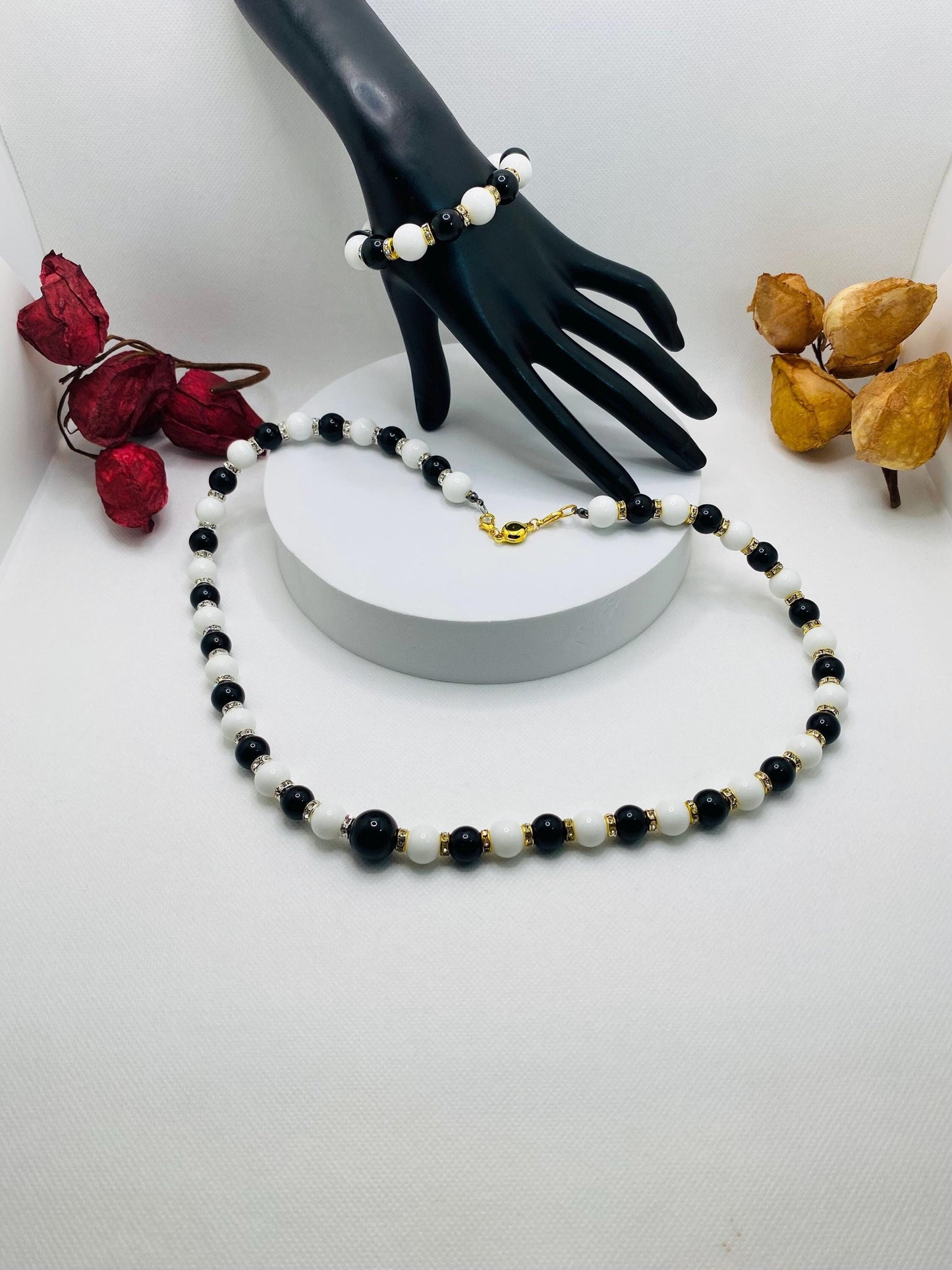Handmade Onyx Necklace and Bracelet Set: Black and White Gemstone Jewelry