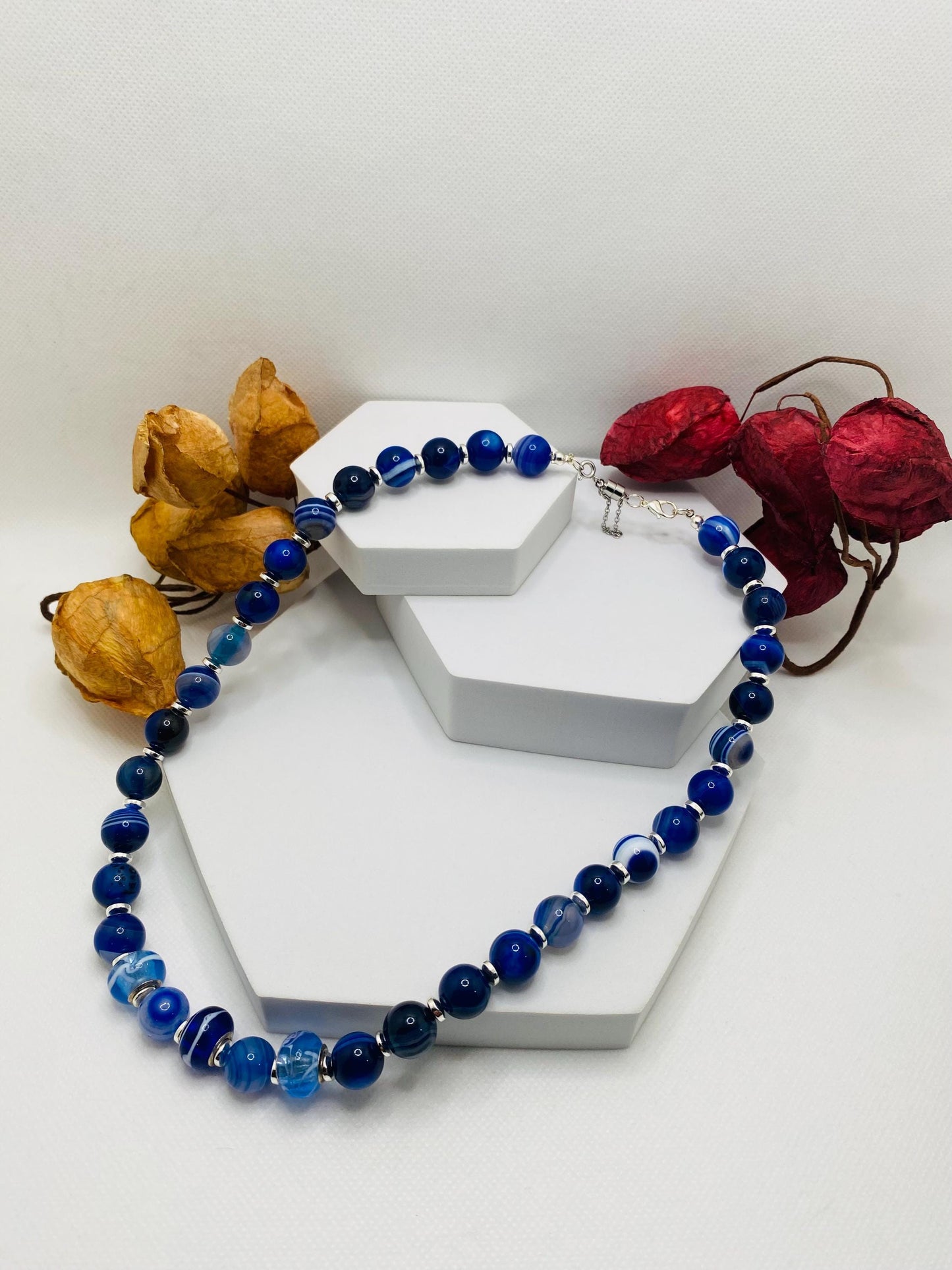 Blue Lace Agate Gemstone Necklace: Silverplated Hematite Rondelle Spacers