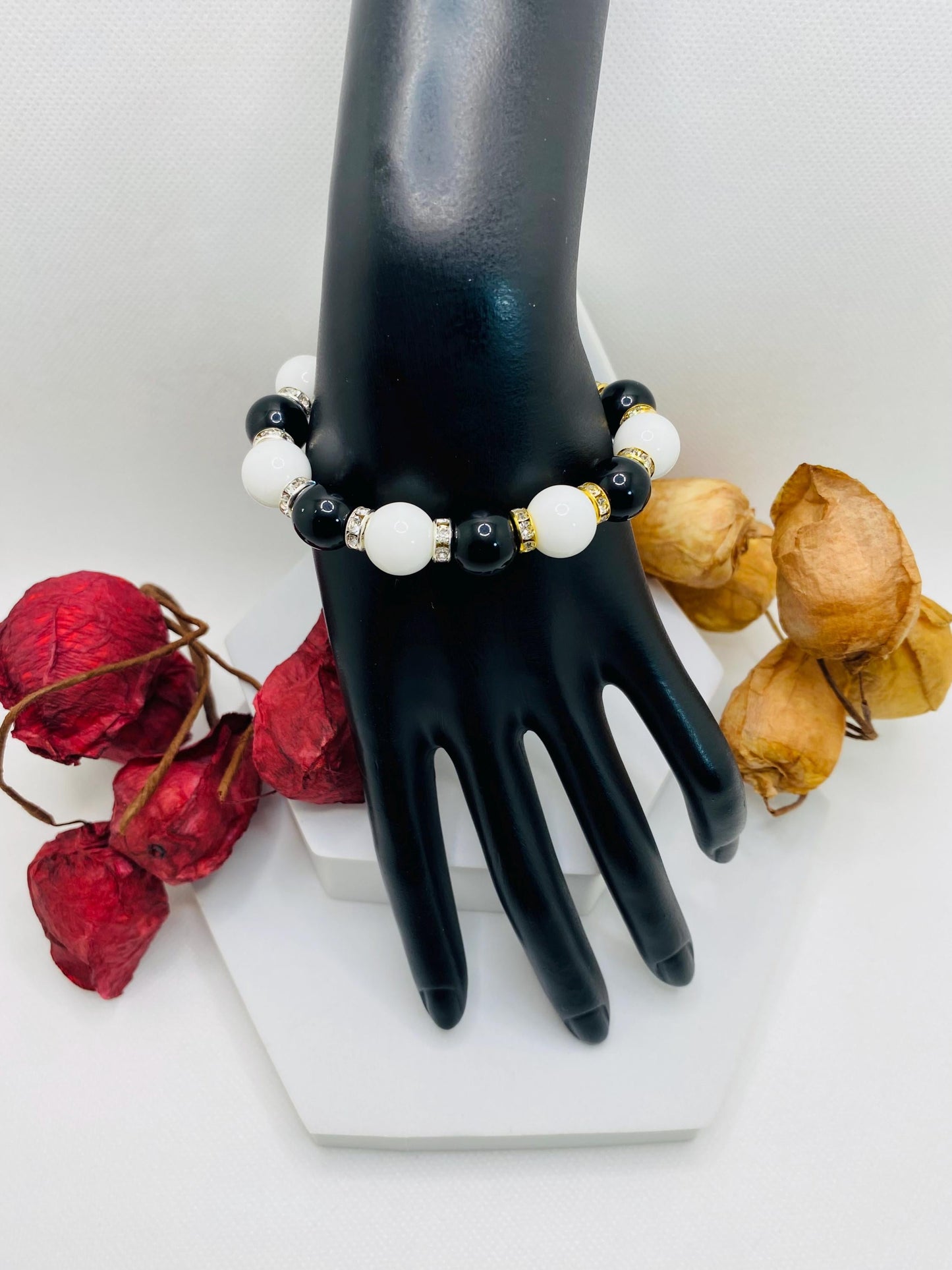 Onyx Gemstone Beaded Bracelet: Black & White Handmade Jewelry