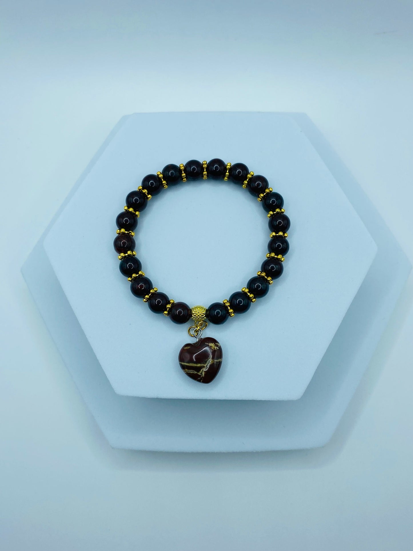 Poppy Jasper Heart Pendant Bracelet: Gold Accents, Gemstone Beads