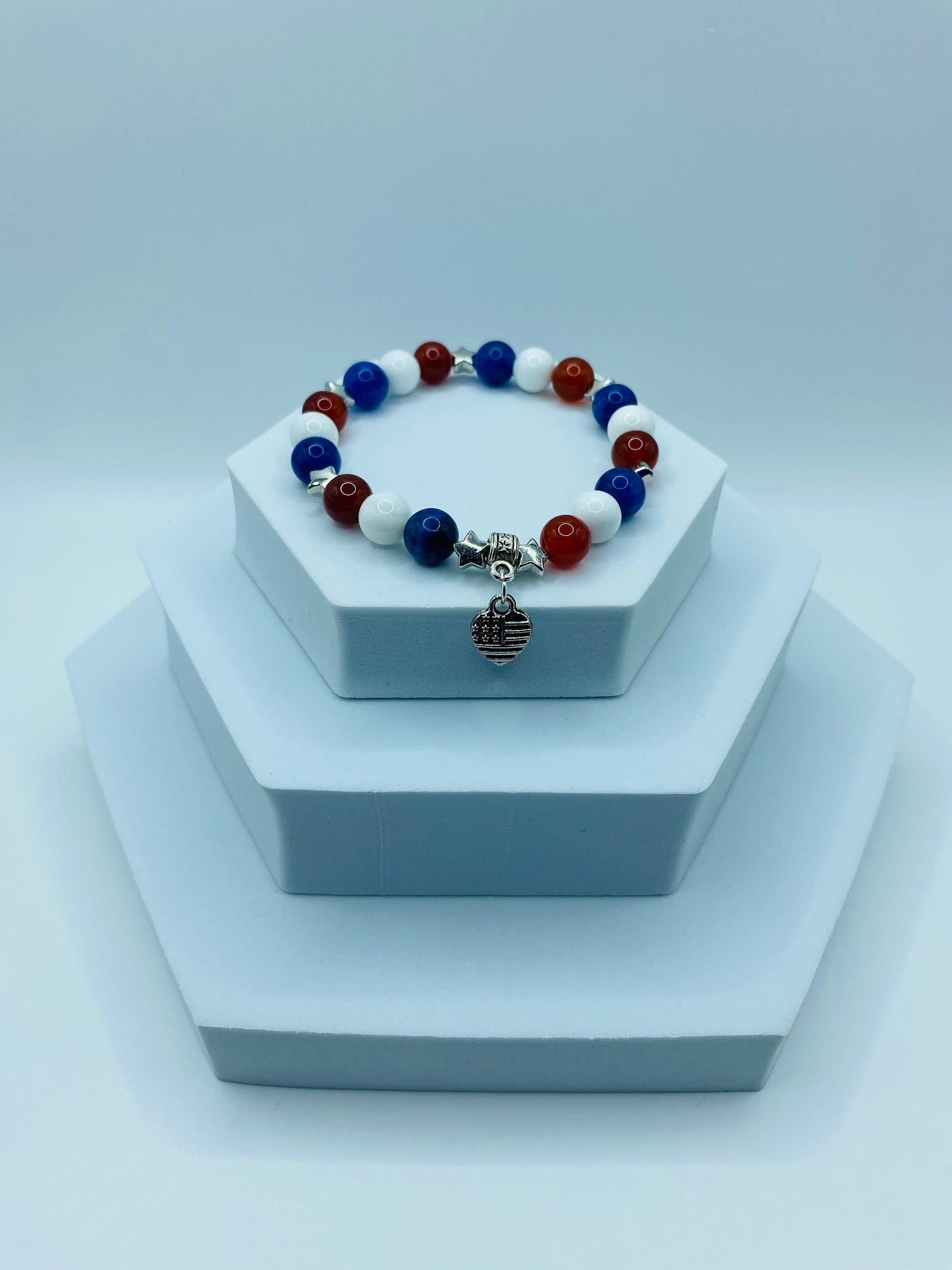 Handmade Jewelry Star Bracelet with Heart Shaped American Flag, Natural Gemstone Beads, Charm Bracelet