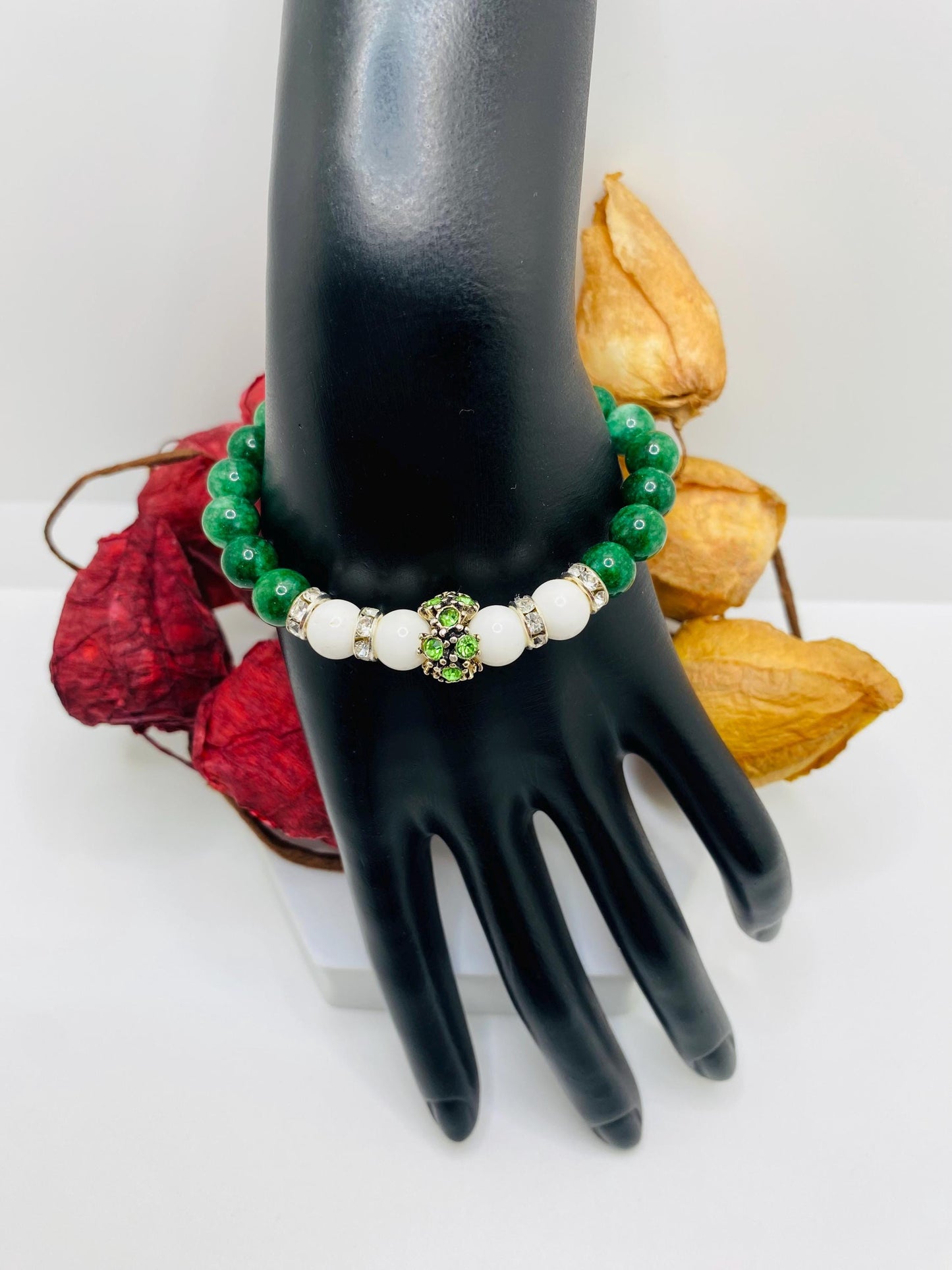 Jade Charm Bracelet: Agate Beads, Silver Rhinestone Charm