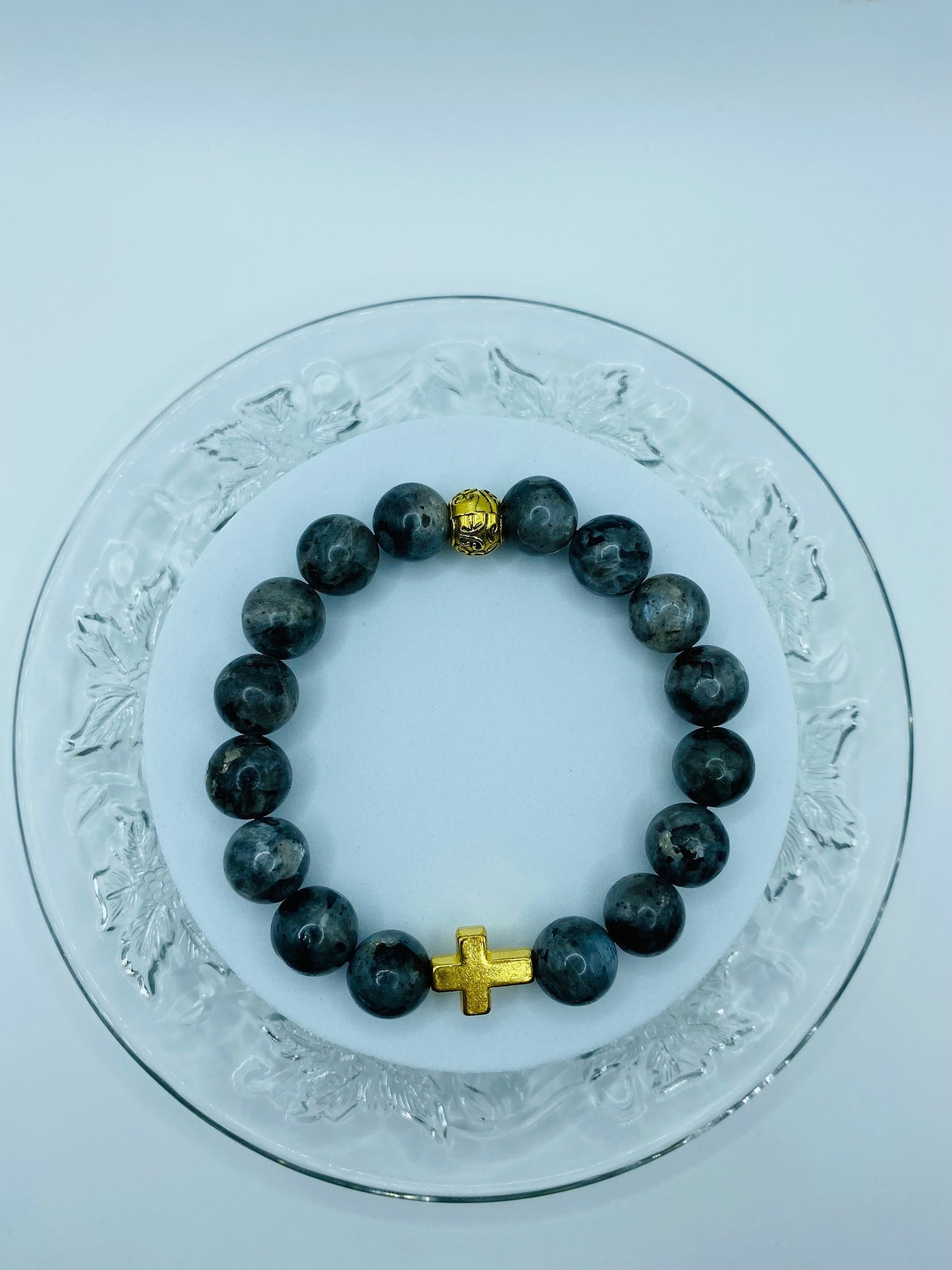 Labradorite Bracelet with Gold Cross Charm: Religious Jewelry Gift