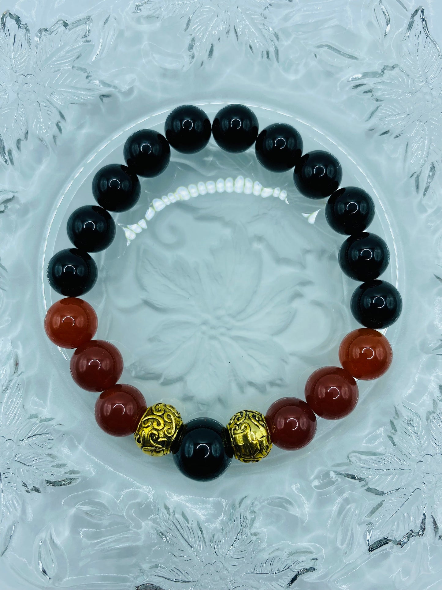Black Onyx & Red Carnelian Beaded Bracelet - Tibetan Spacer Beads