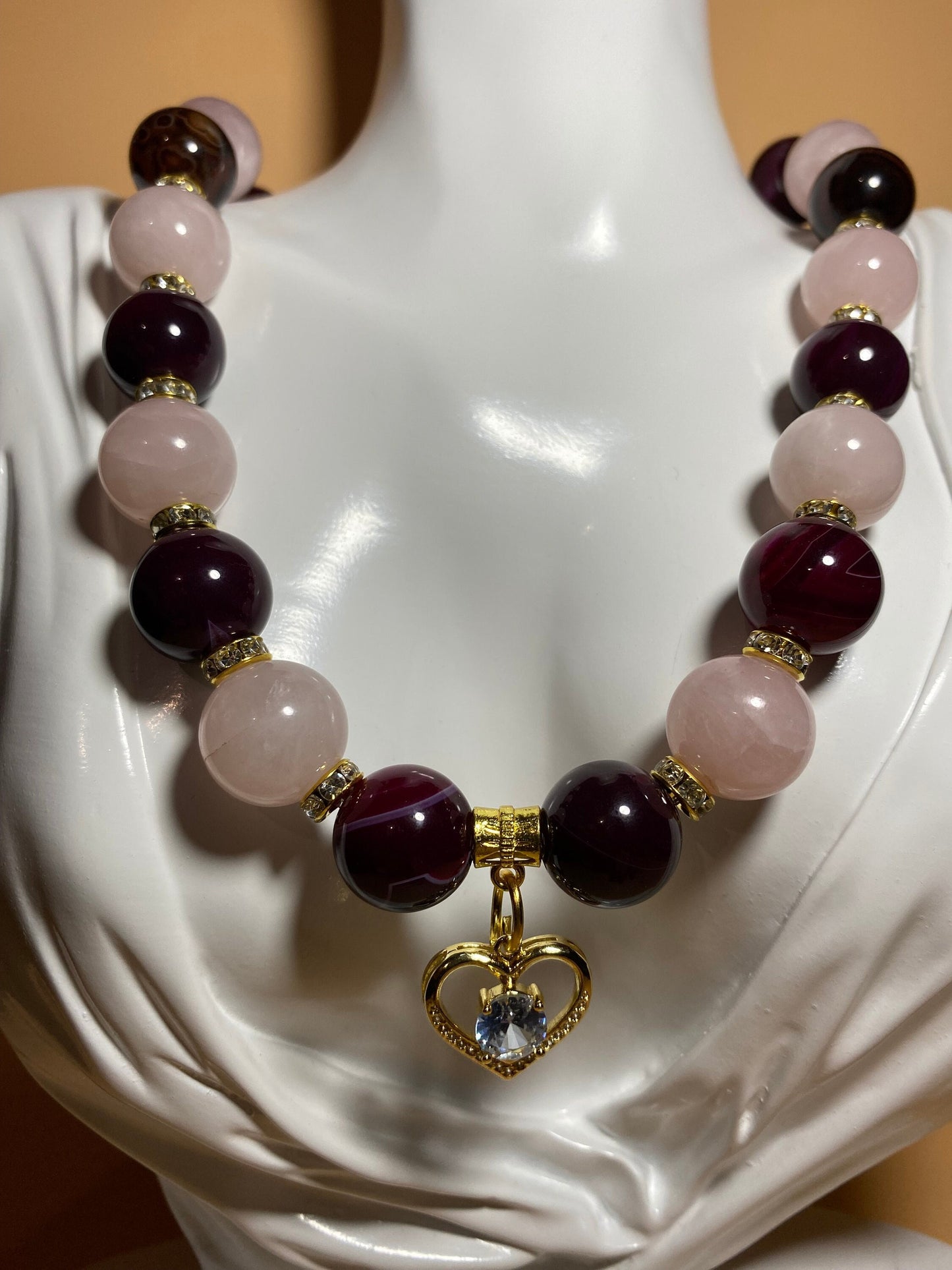 Handmade Rose Quartz Agate Beaded Necklace with Gold Heart Charm