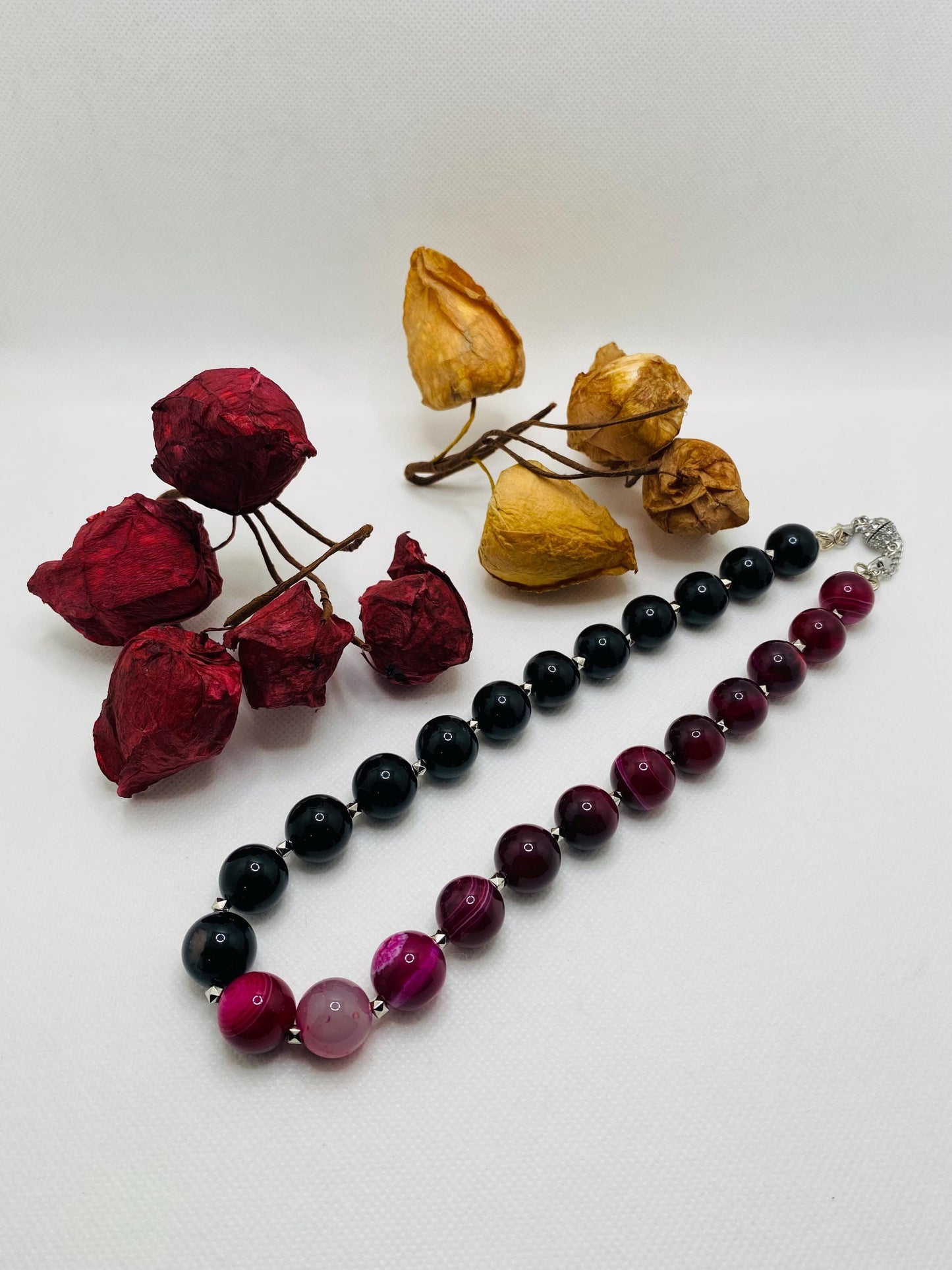 Handmade Black Obsidian & Plum Agate Gemstone Necklace