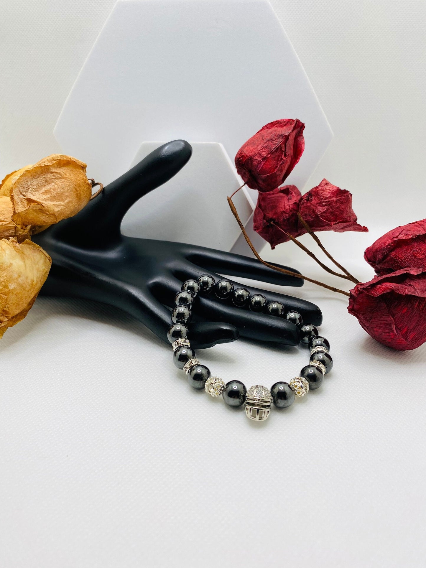 Las Vegas Raiders Hematite Bracelet: Silver Football Helmet, CZ Accents