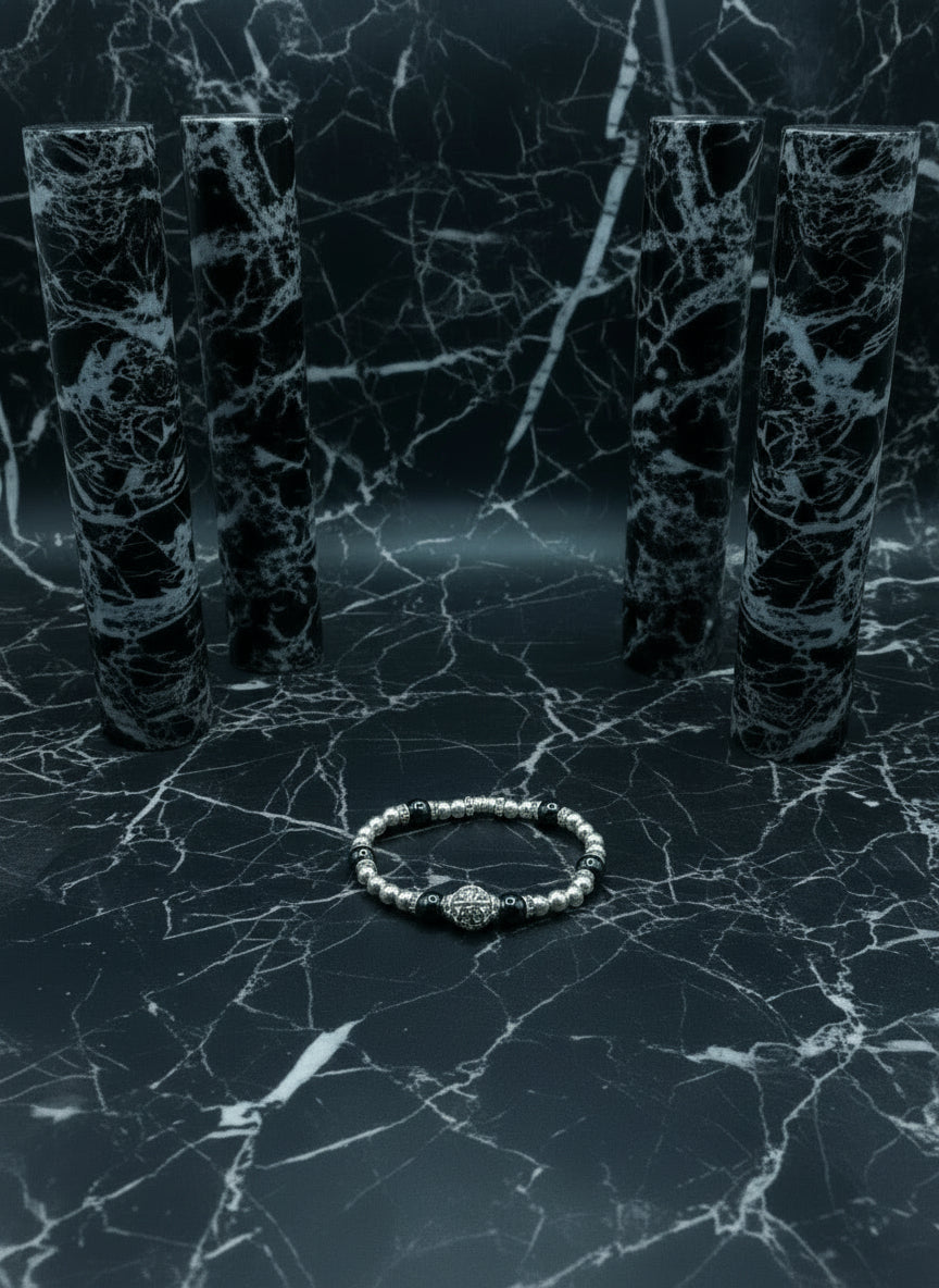 Las Vegas Raiders Bracelet: Hematite Beads, CZ Football Helmet