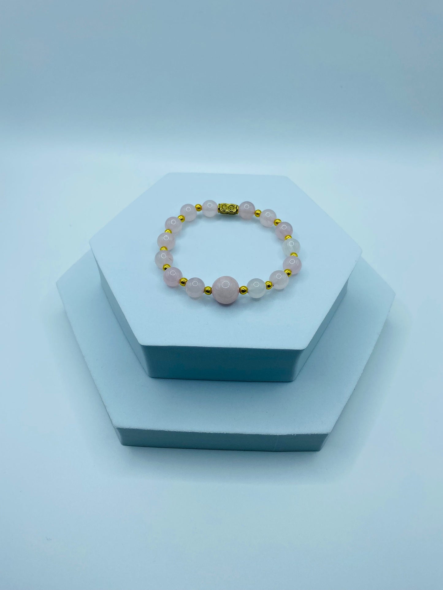 Handmade Rose Quartz Bracelet: 18k Gold Plated Hematite Beads