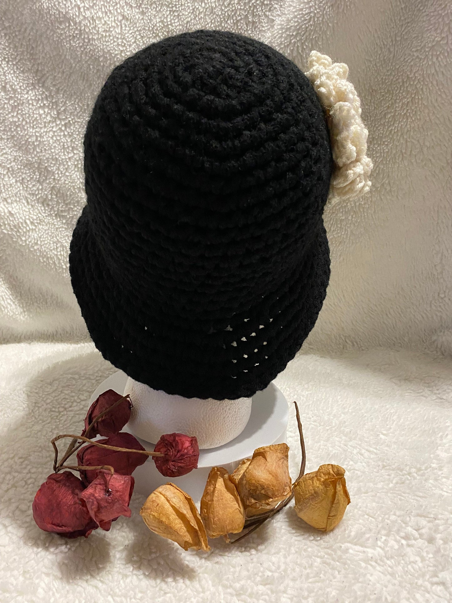 Black Crochet Bucket Hat: White Flower Accent, Handmade Acrylic