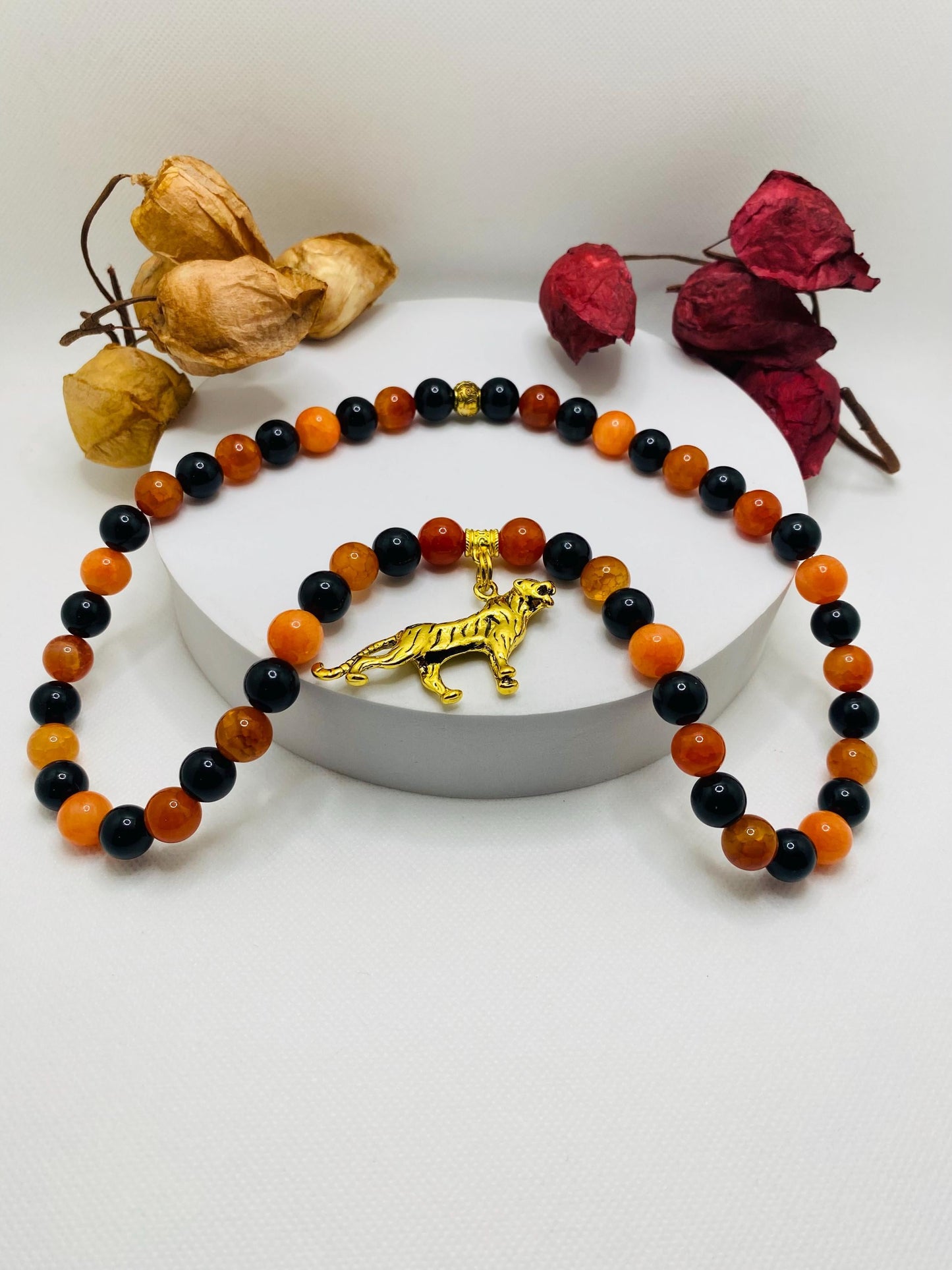 Cincinnati Bengals Charm Necklace for Men, Mens Necklace with Gemstone Beads, Tiger Pendant