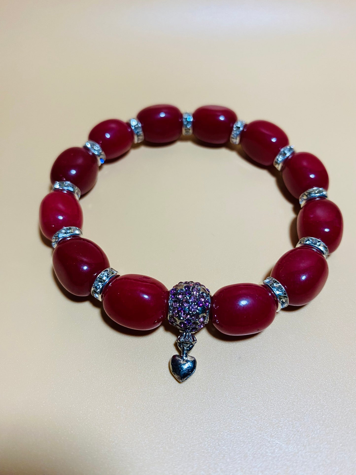 Red Jade Beaded Bracelet: Rhinestone Heart Charm, Silver Details