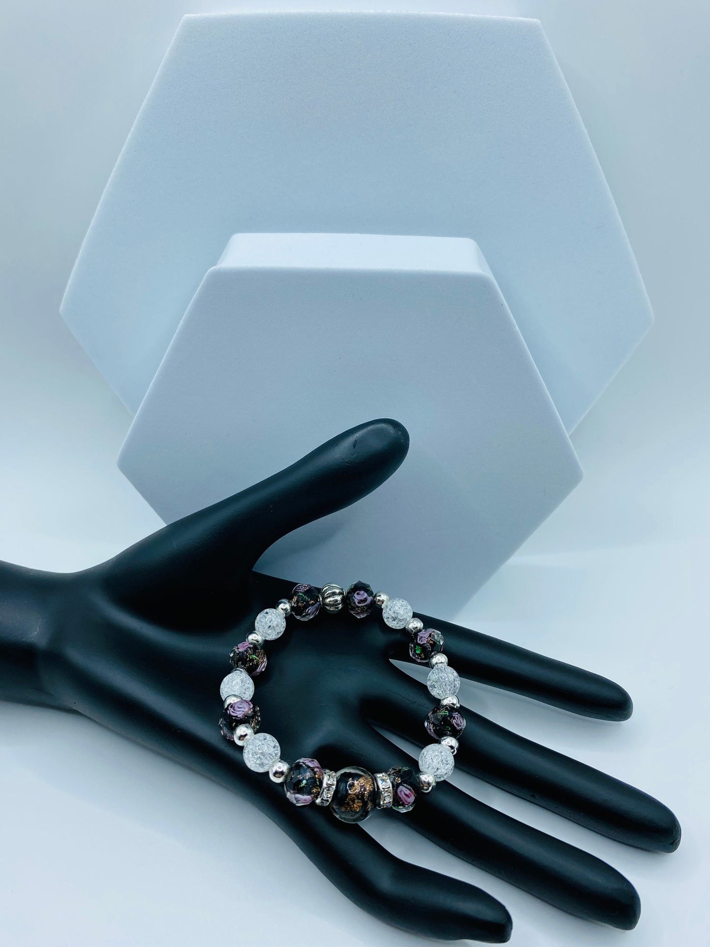 Lampwork Flower Glass Bead Bracelet: Crystal Quartz & Hematite Gemstone