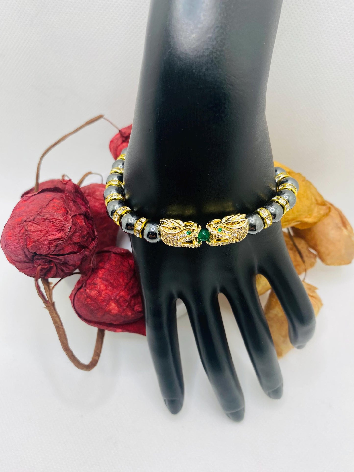Dragon Hematite Beaded Bracelet: Gold CZ Charm, Handmade