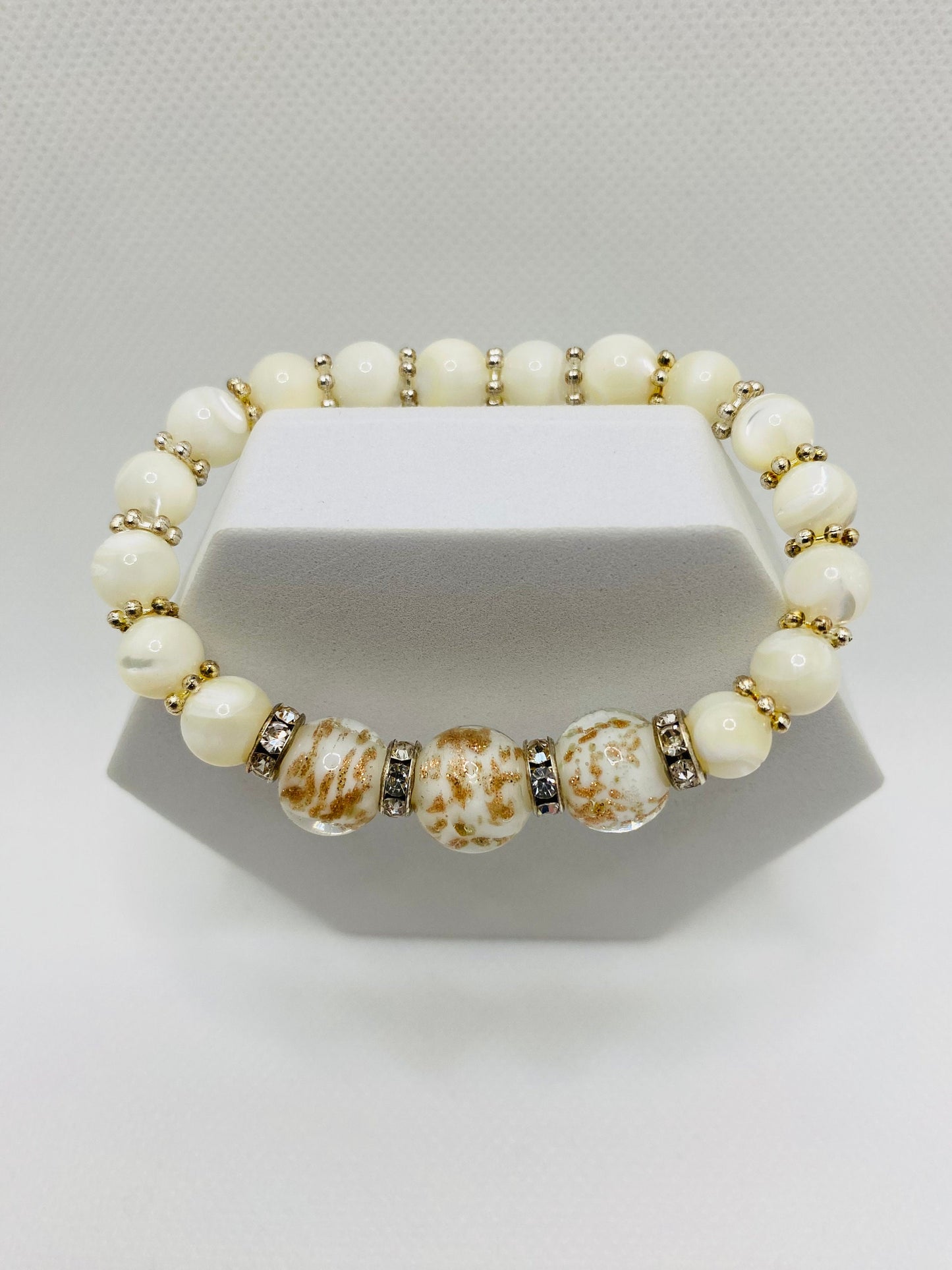 Handmade Mother of Pearl Bracelet: Lampwork Glass Beads, Silver Snowflakes