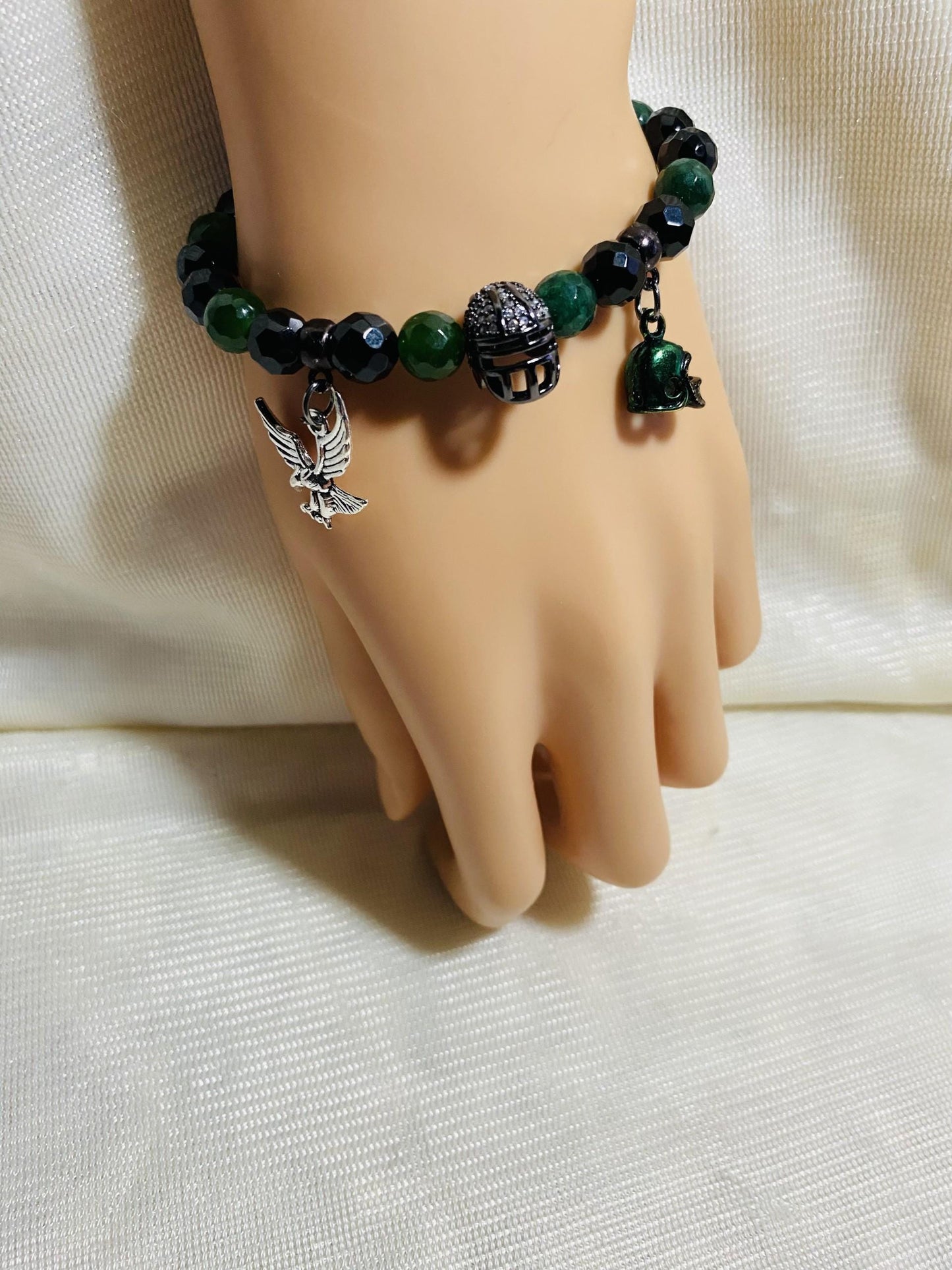 Mens Bracelet Philadelphia Eagles Custom Jewelry with Football Helmet & Natural Gemstone Beads