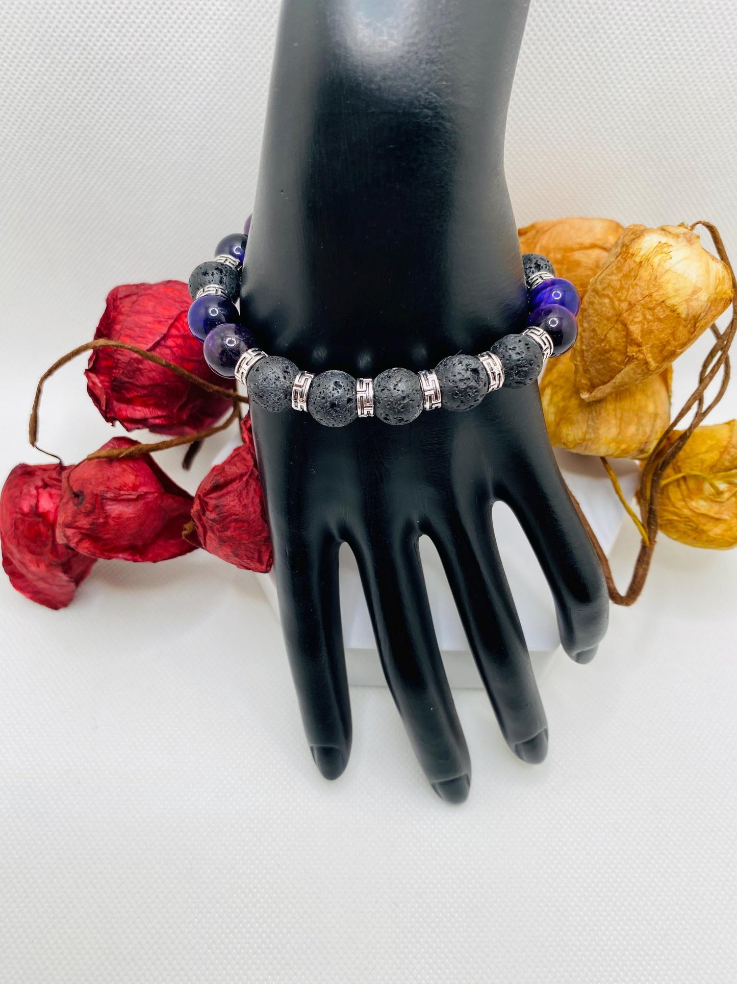 Mens Black Lava Rock & Purple Tiger Eye Bracelet: Tibetan Gemstone Jewelry