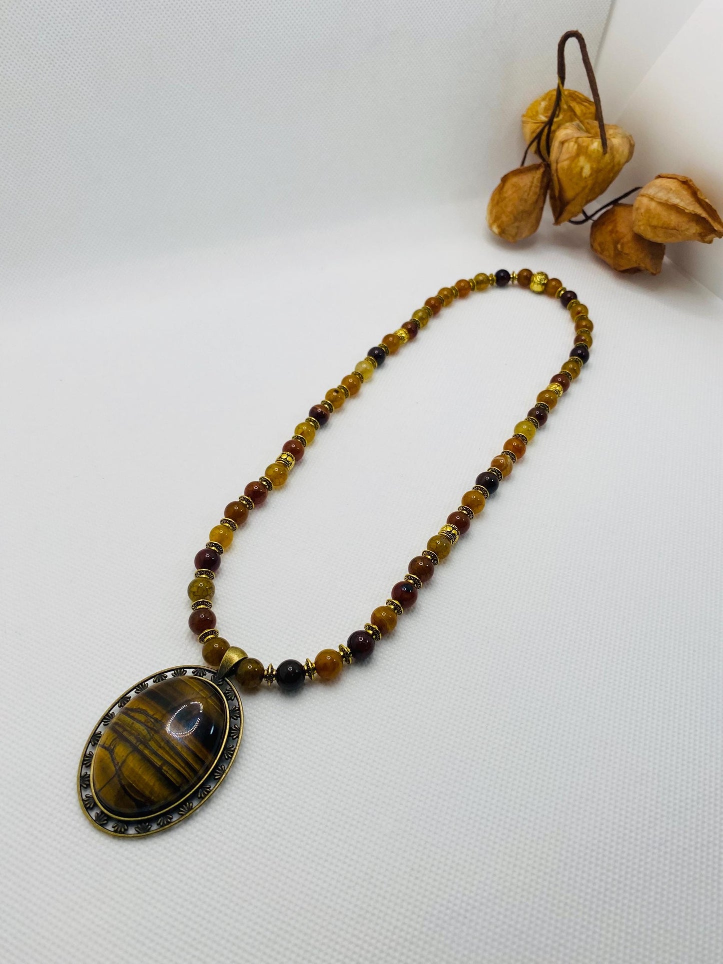 Tigers Eye & Dragon Vein Agate Necklace: Tibetan Style Gemstone Jewelry