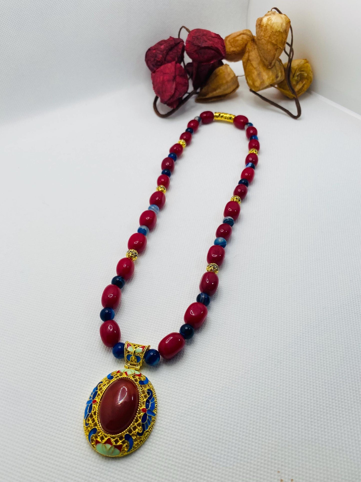 Chalcedony Pendant Necklace: Red Jade & Agate Gemstone Boho Jewelry