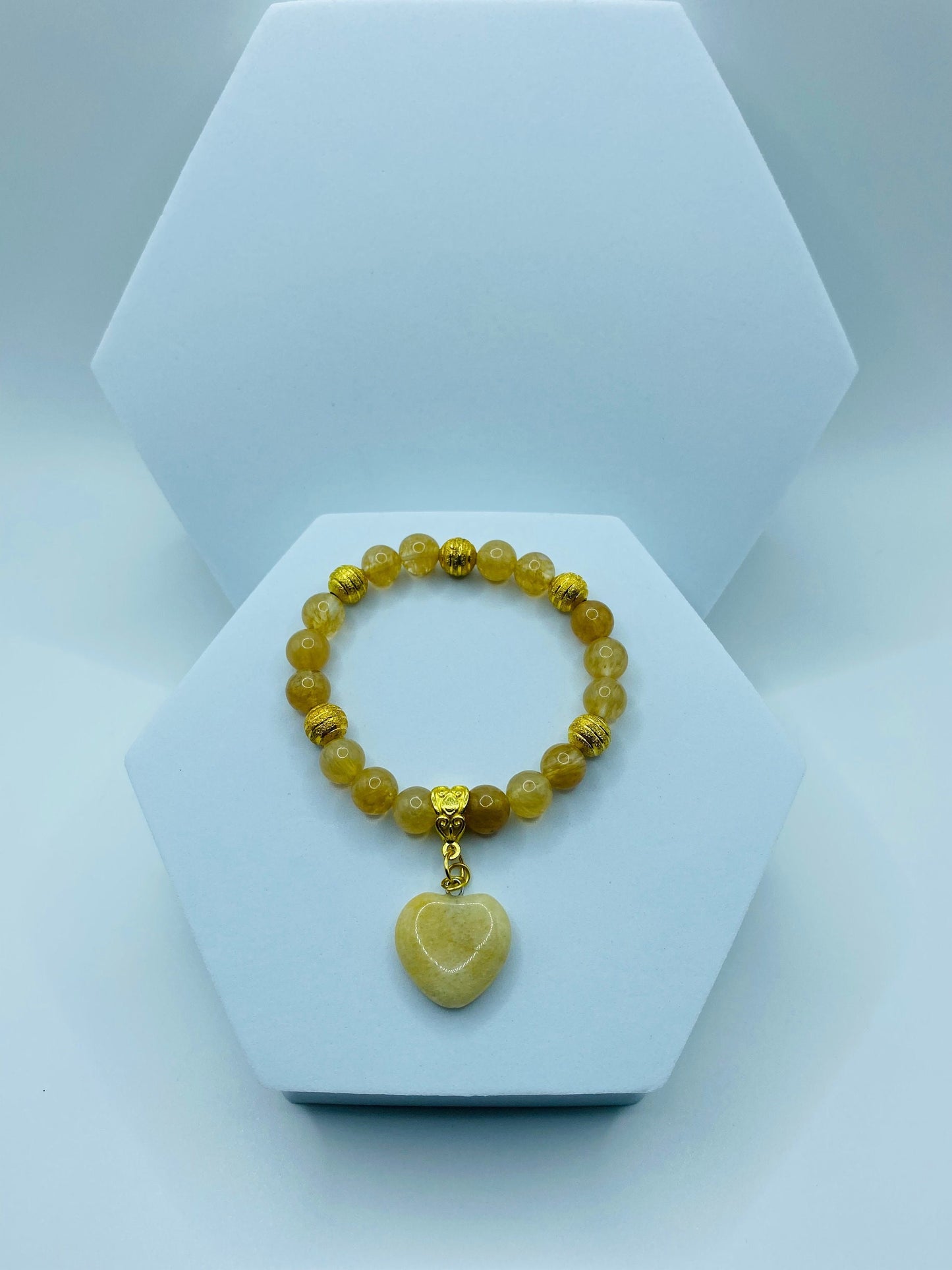 Rutilated Quartz Bracelet: 18K Gold Plated Heart Charm, Gemstone Beads