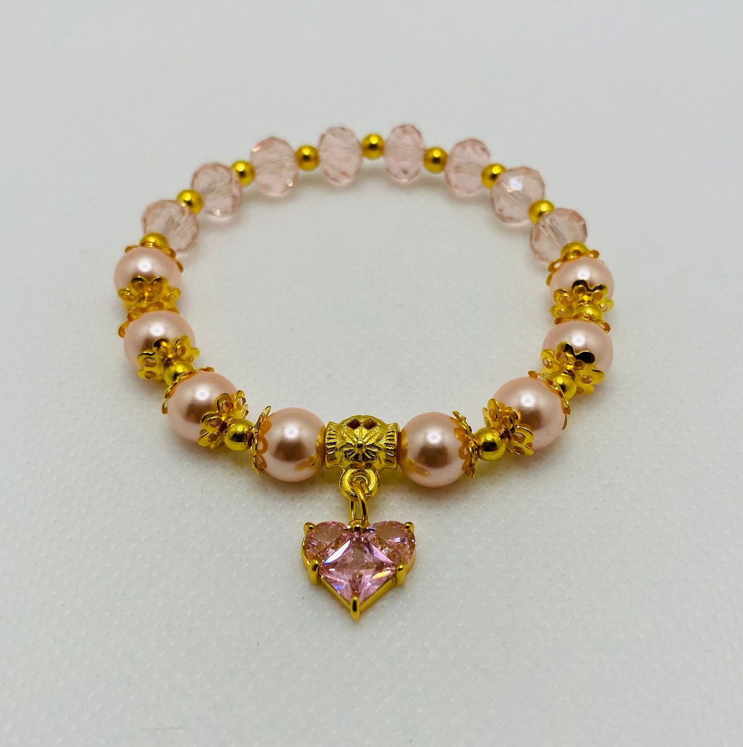 Mother of Pearl Bracelet: Pink Crystal Heart & Glass Beads, 18k Gold Accents