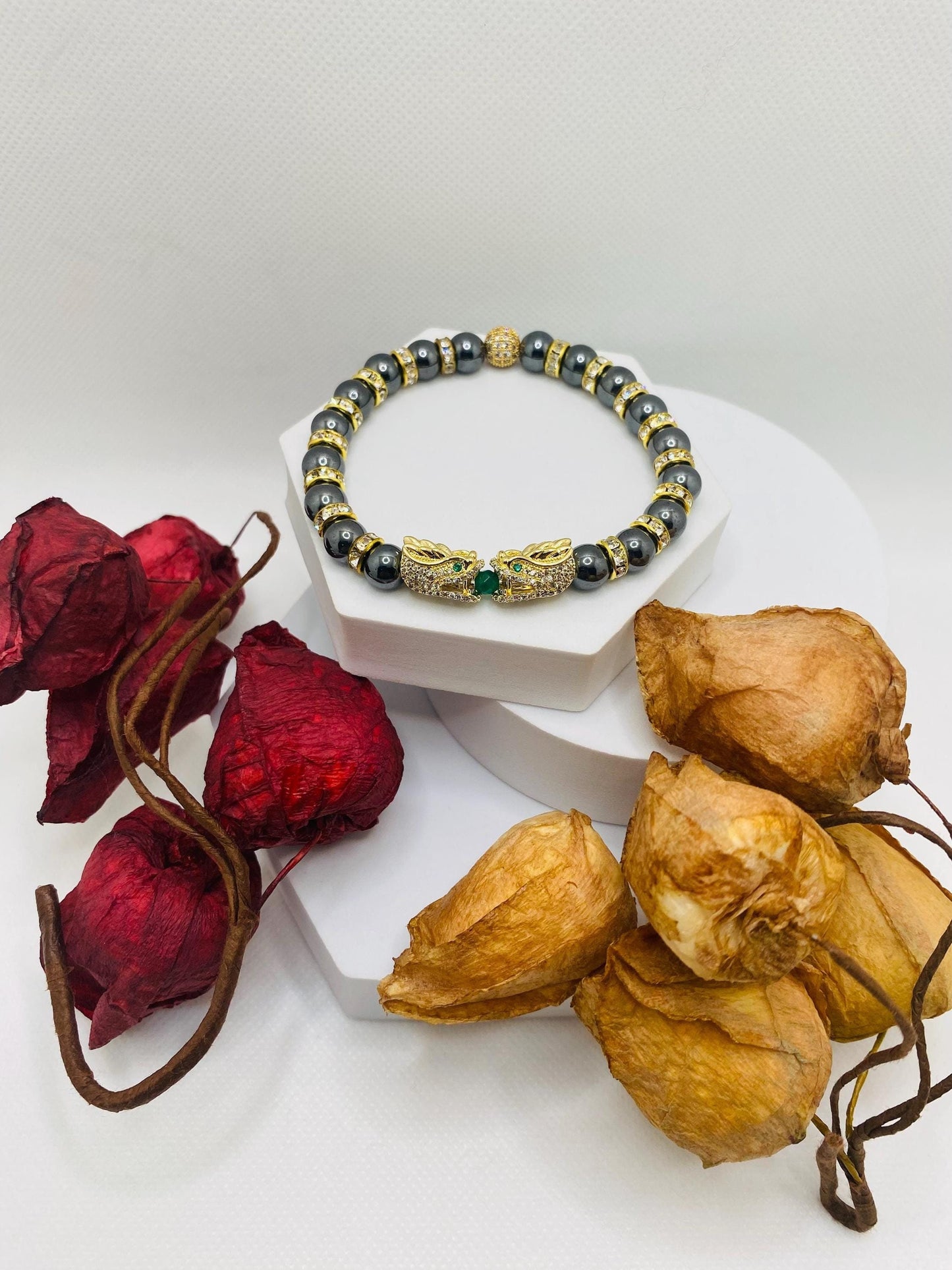 Dragon Hematite Beaded Bracelet: Gold CZ Charm, Handmade