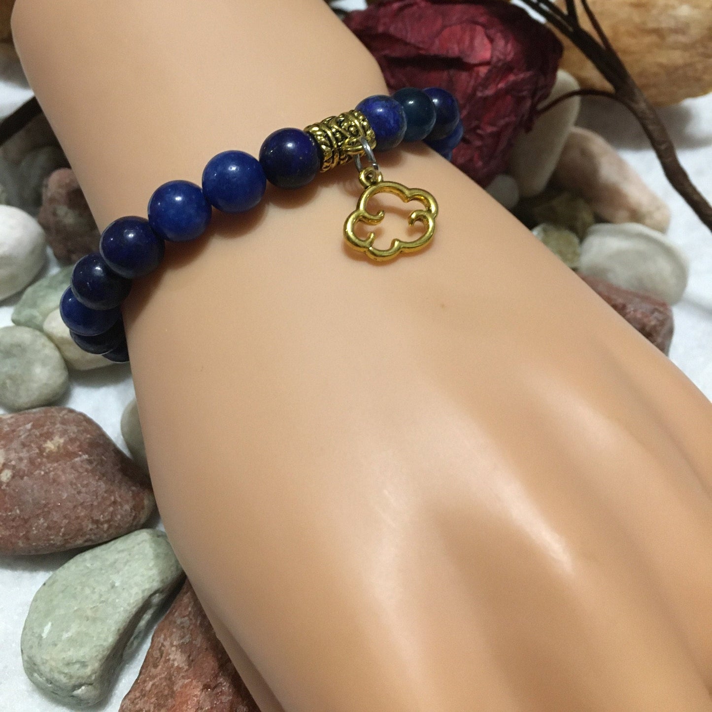 Lapis Lazuli Gemstone Bracelet with Gold Cloud Charm - Handmade