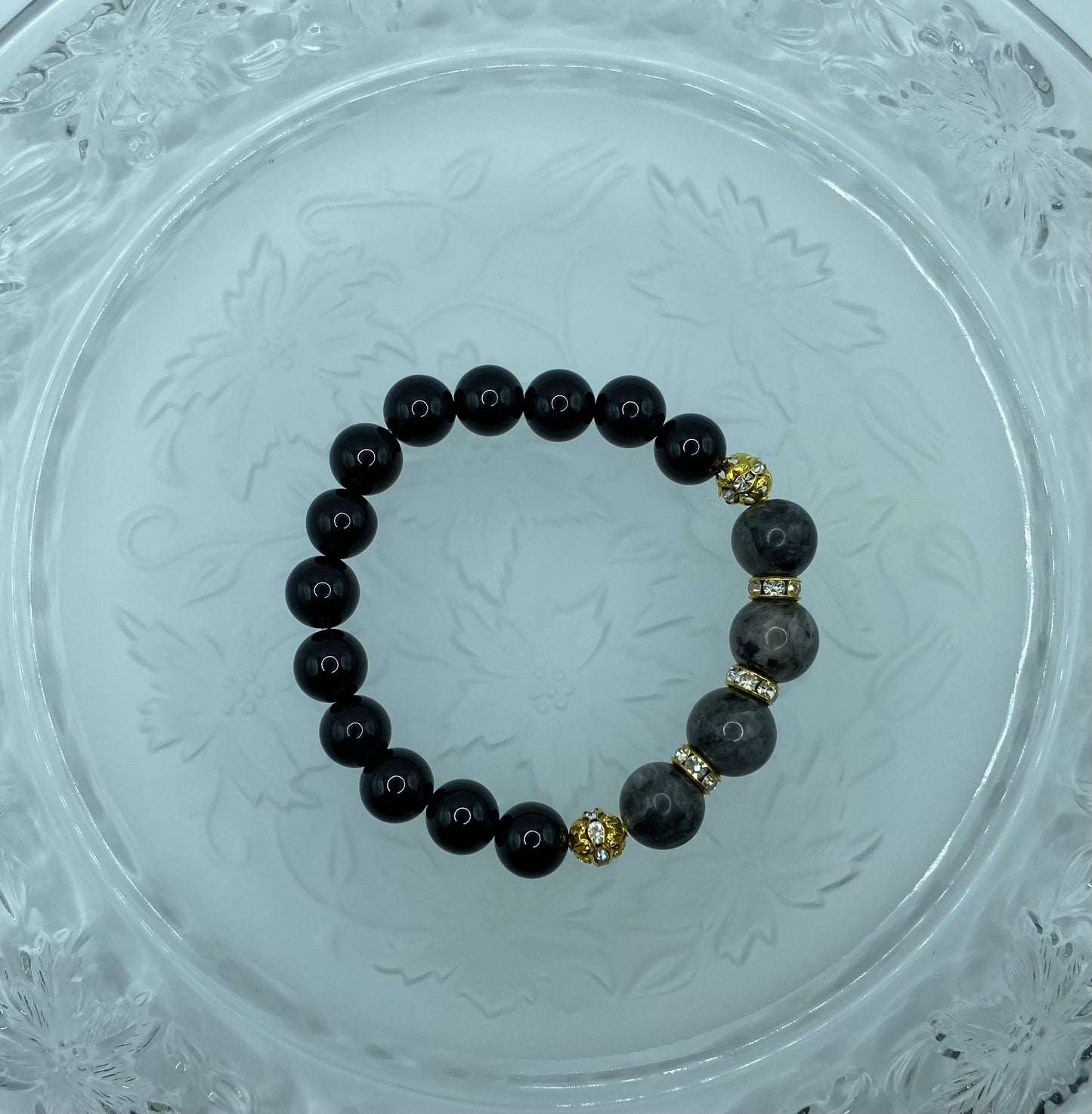 Labradorite & Black Onyx Beaded Bracelet: 18k Gold Rhinestone Rondelles