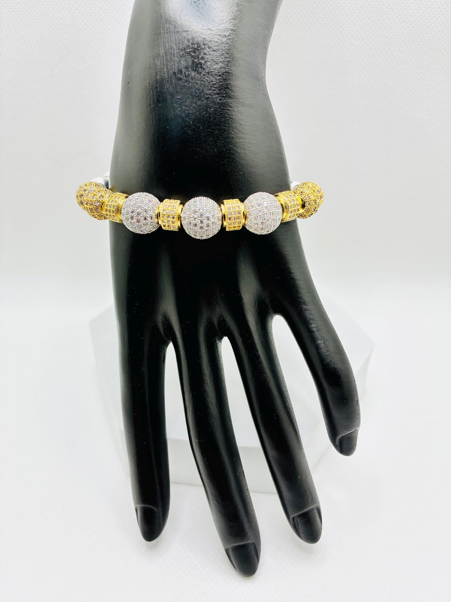 Silver Plated Hematite Bracelet with Gold-Plated and Silverplated Cubic Zirconia Beads