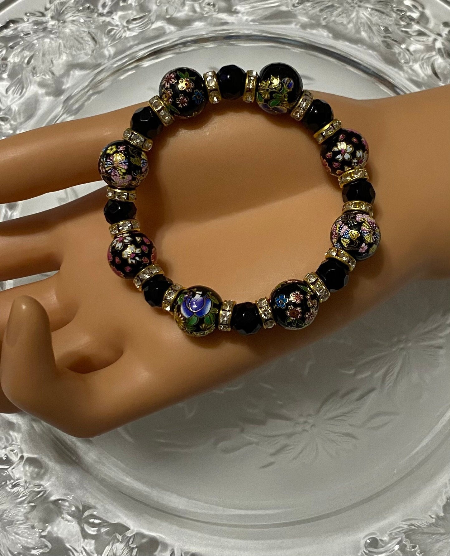Black Onyx Bracelet: Hand-Painted Floral Glass Beads, 18k Gold Rhinestone