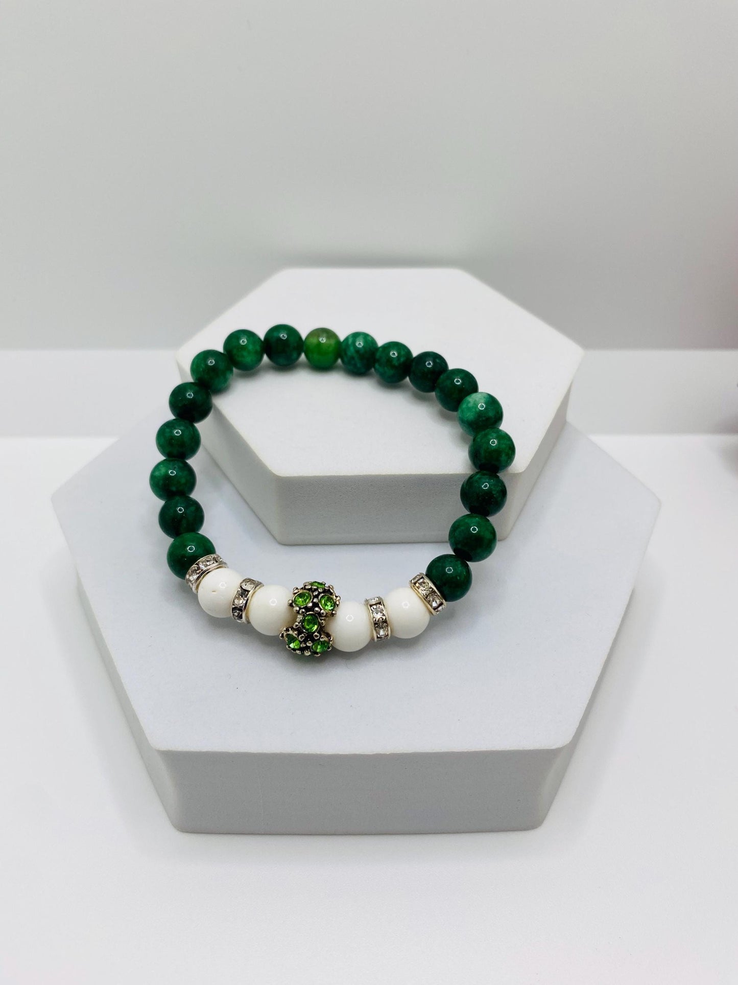Jade Charm Bracelet: Agate Beads, Silver Rhinestone Charm