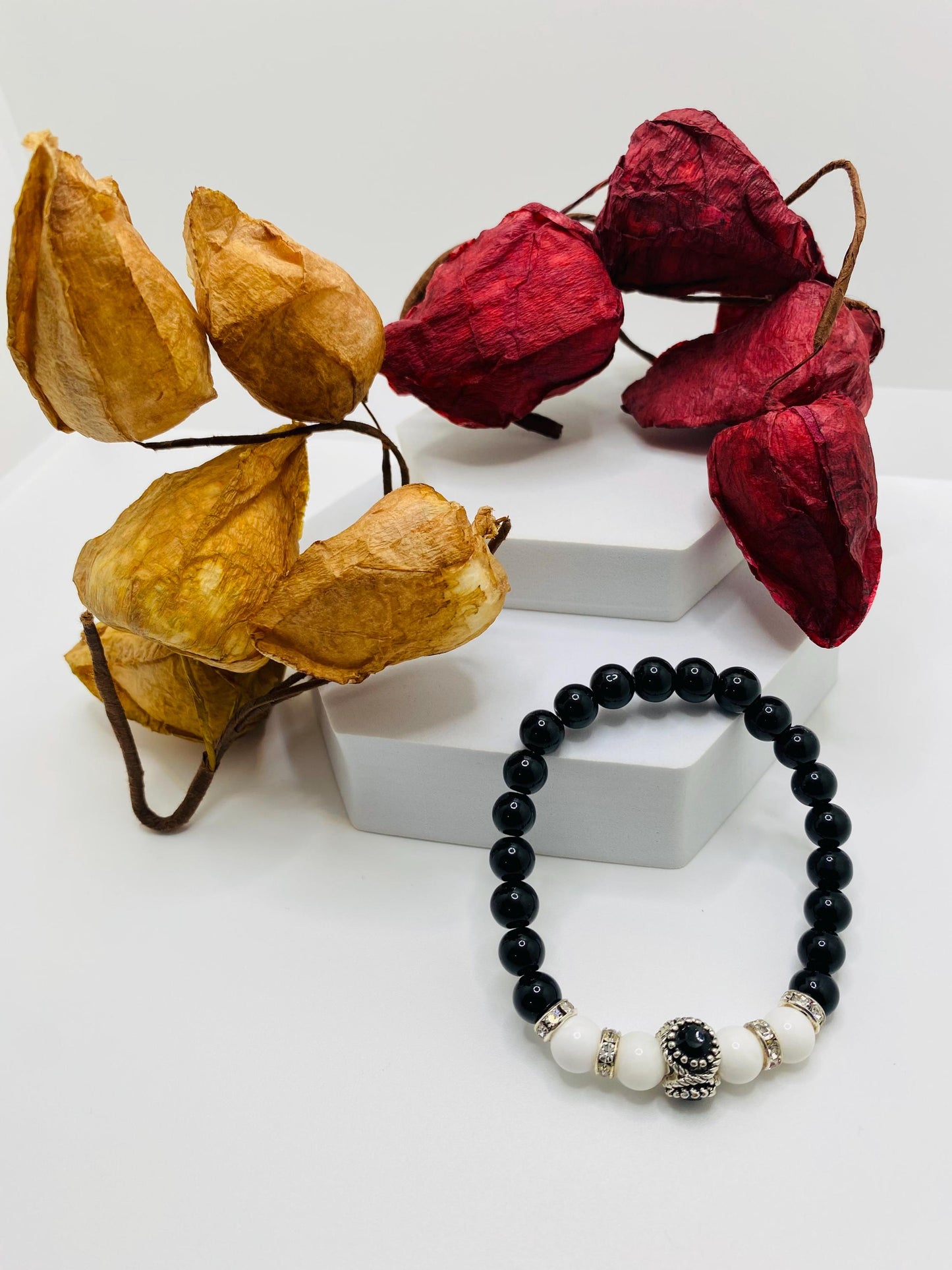 Black Onyx & White Agate Beaded Charm Bracelet - Rhinestone Accent