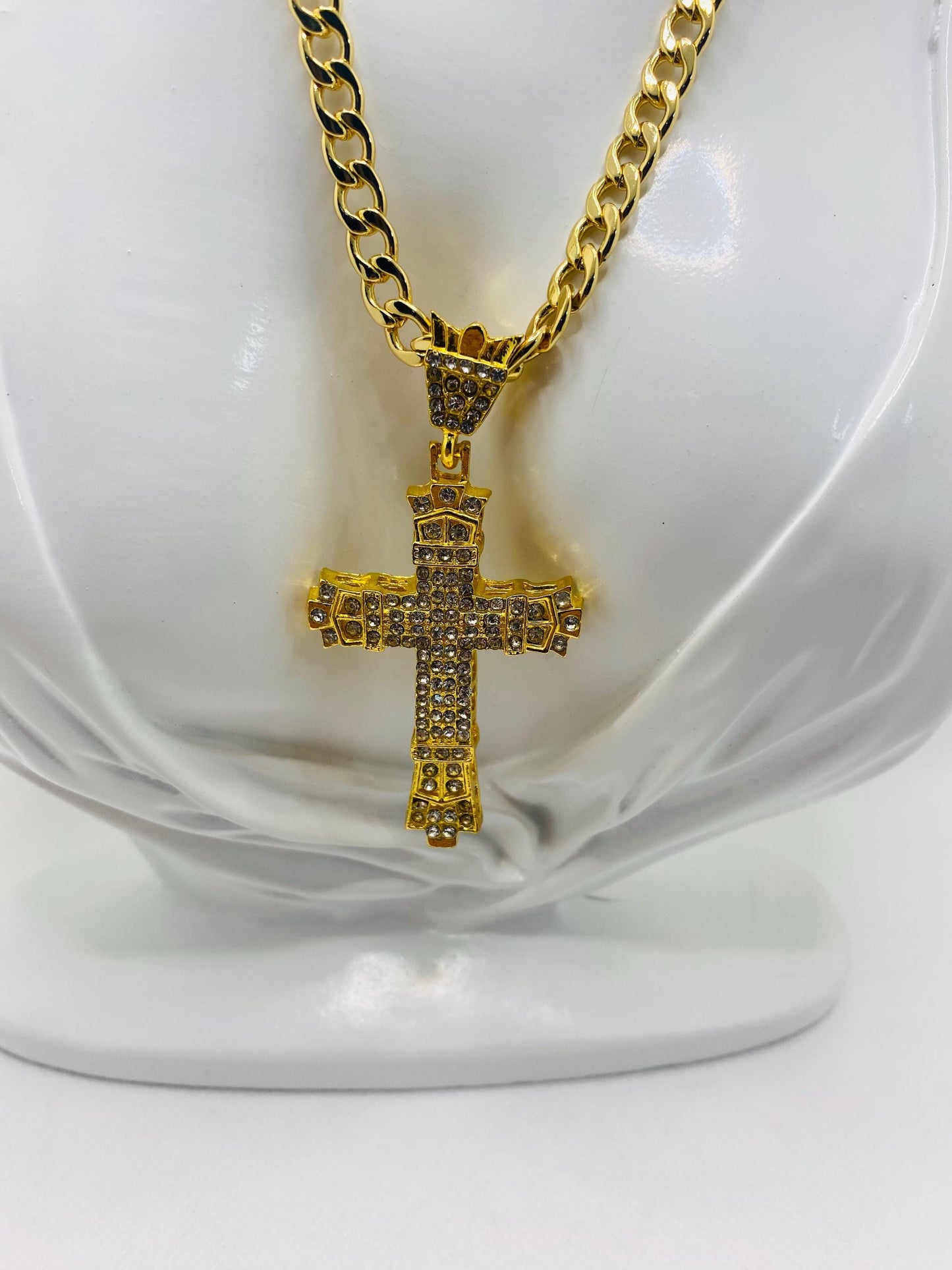 Gold Cross Necklace: Rhinestone Cuban Link Chain, Religious Jewelry