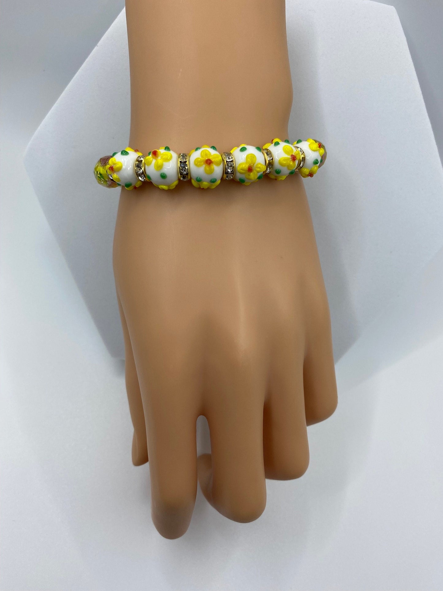 Yellow Flower Lampwork Glass Bead Bracelet: Rhinestone Rondelles