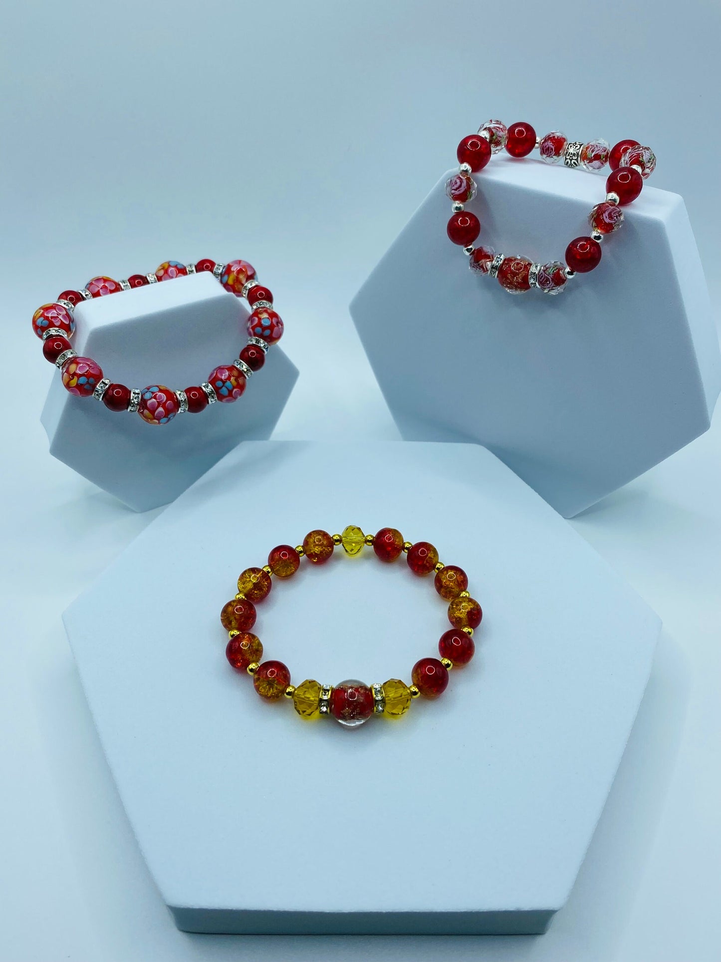 Red Lampwork Crystal Bracelet: Gold Hematite Bead Accents