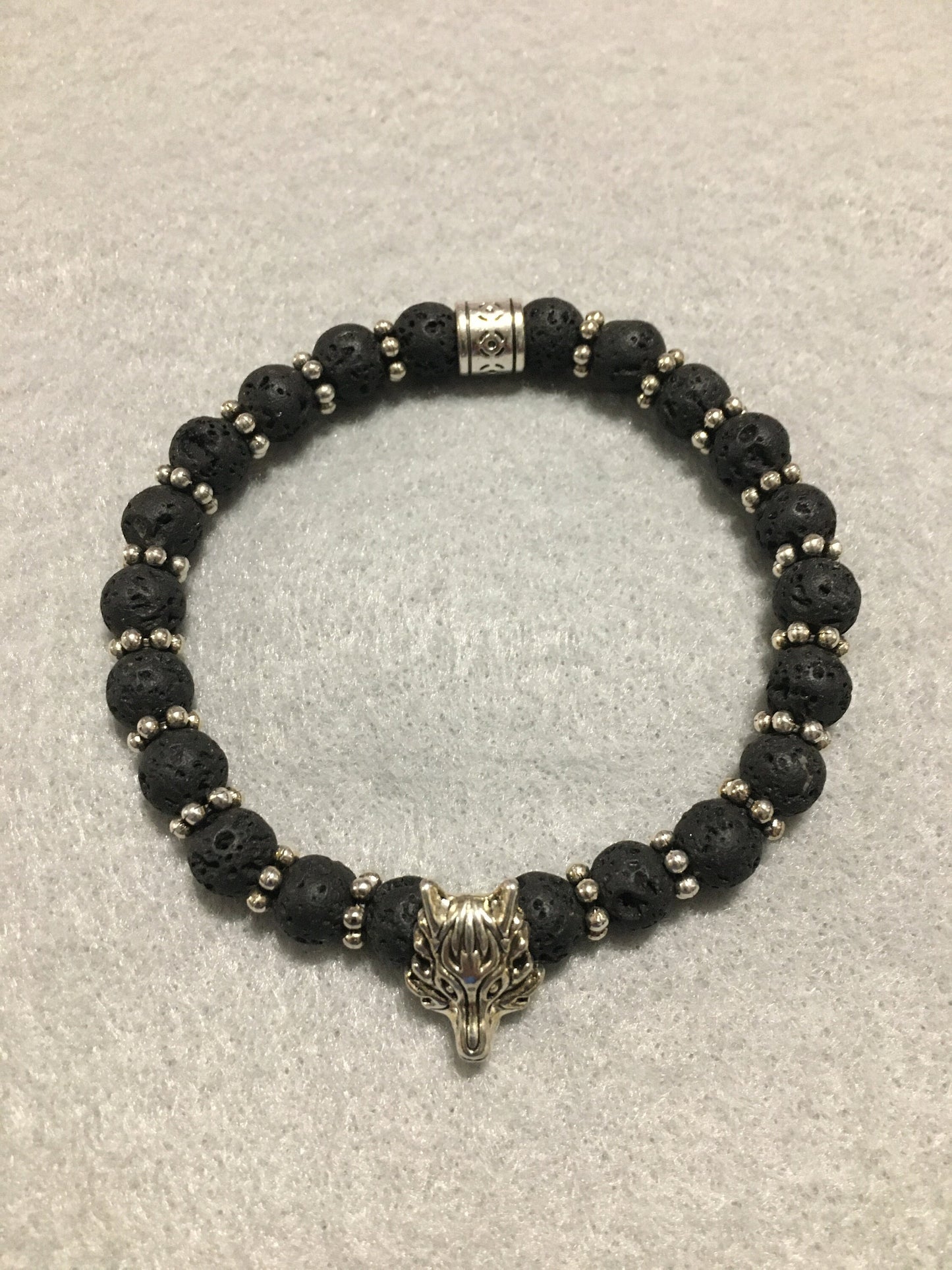 Silver Wolf Lava Rock Bracelet: Goth Men's Jewelry