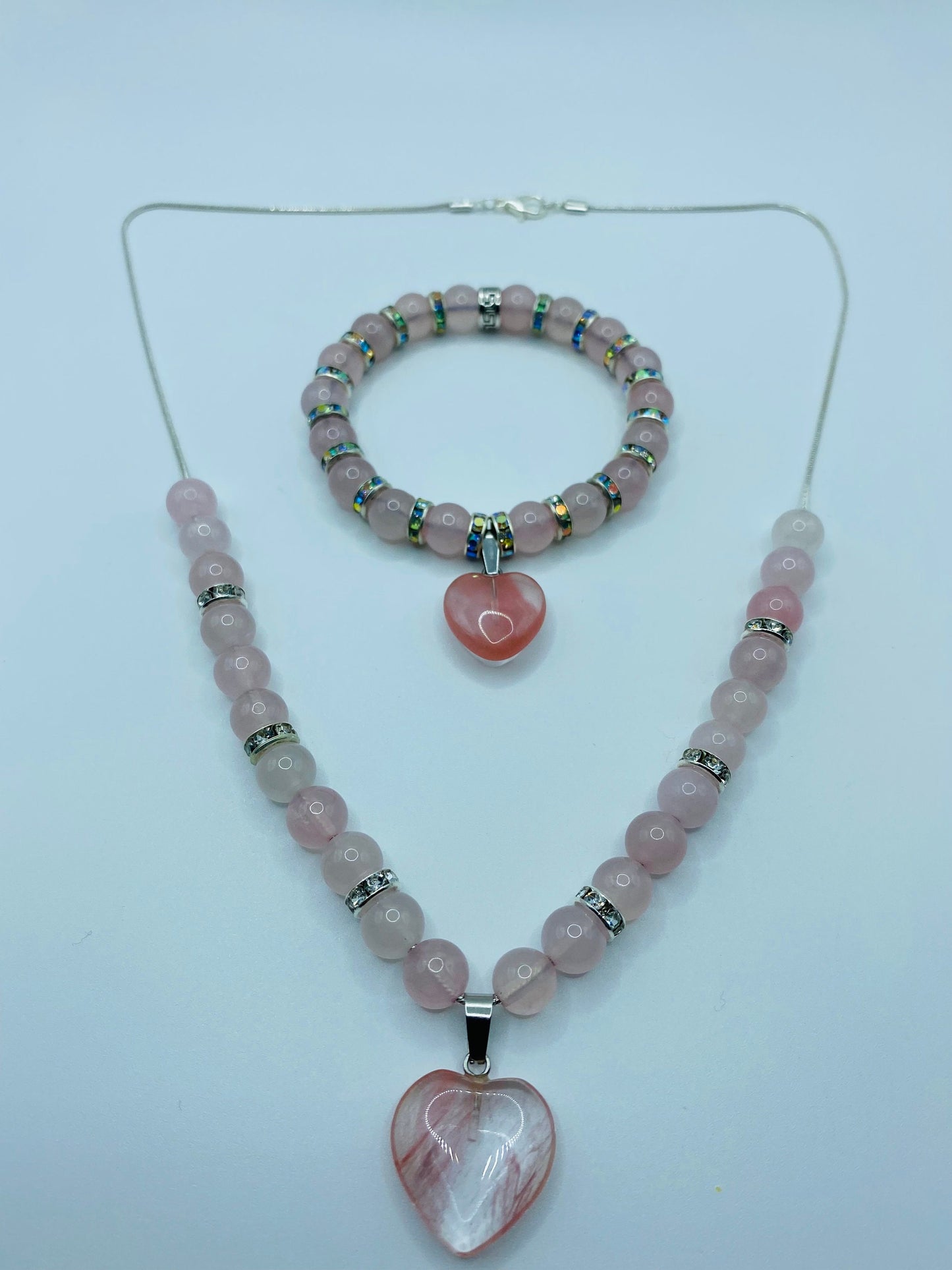 Rose Quartz Necklace Bracelet Set: Pink Aventurine Heart Charm, Rhinestone Rondelles