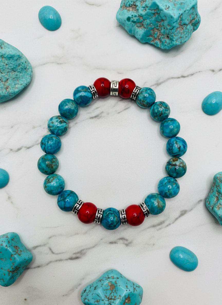 Turquoise & Red Gemstone Bracelet with Tibetan Spacers