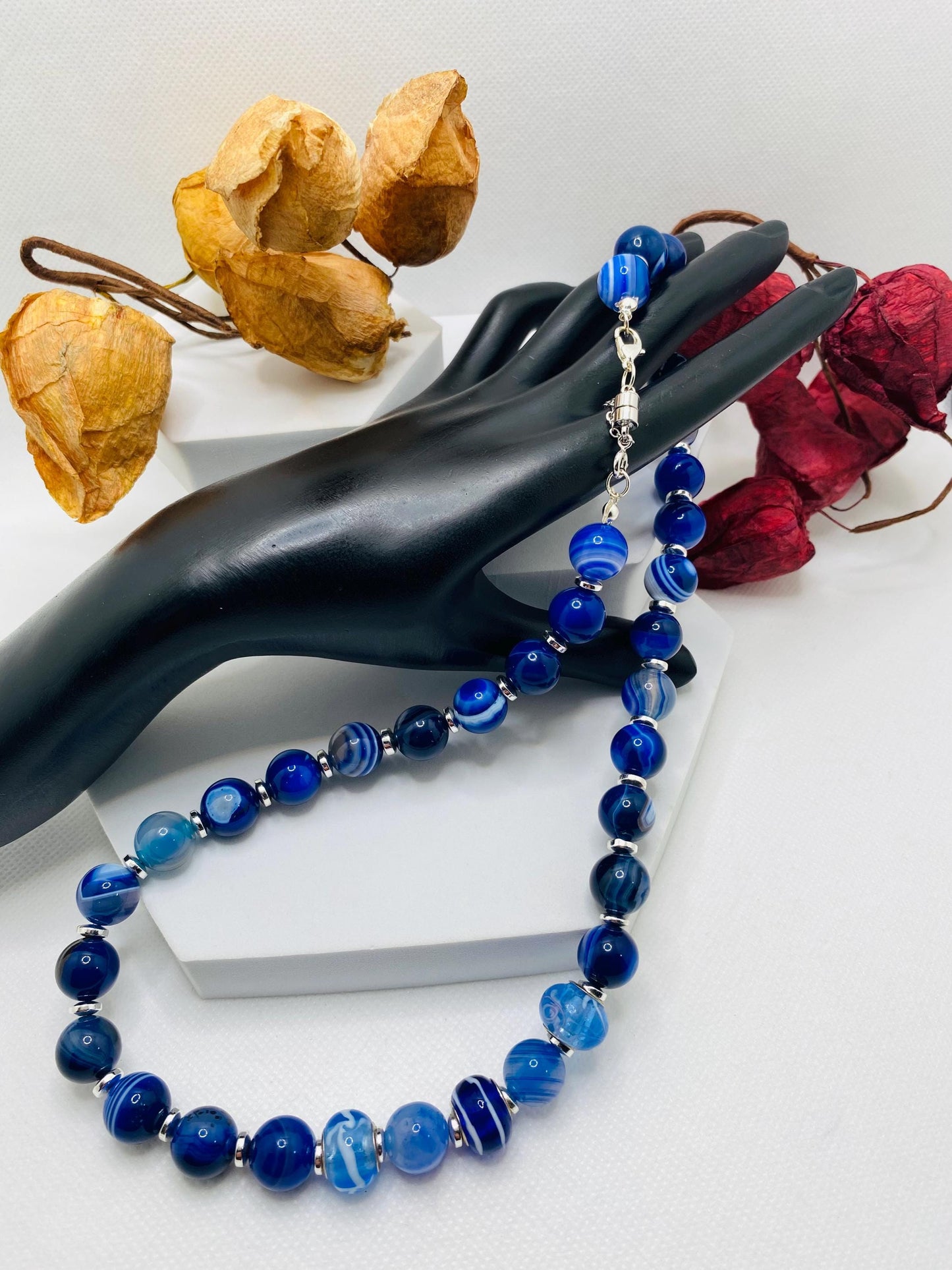 Blue Lace Agate Gemstone Necklace: Silverplated Hematite Rondelle Spacers