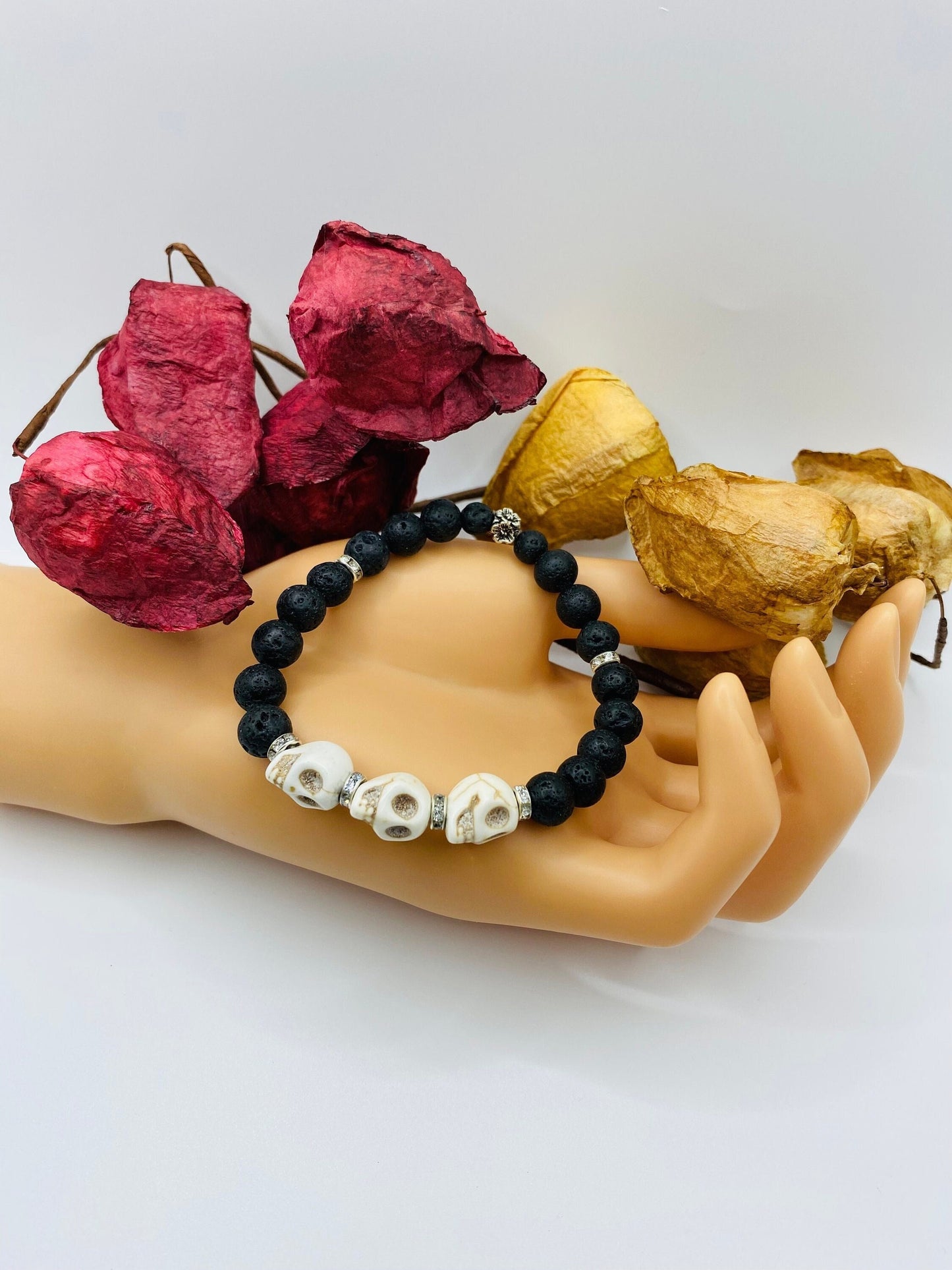 Day of the Dead Lava Rock Bracelet, White Skull Beads & Metal flowers - Dia de Los Muertos - Gift for Him