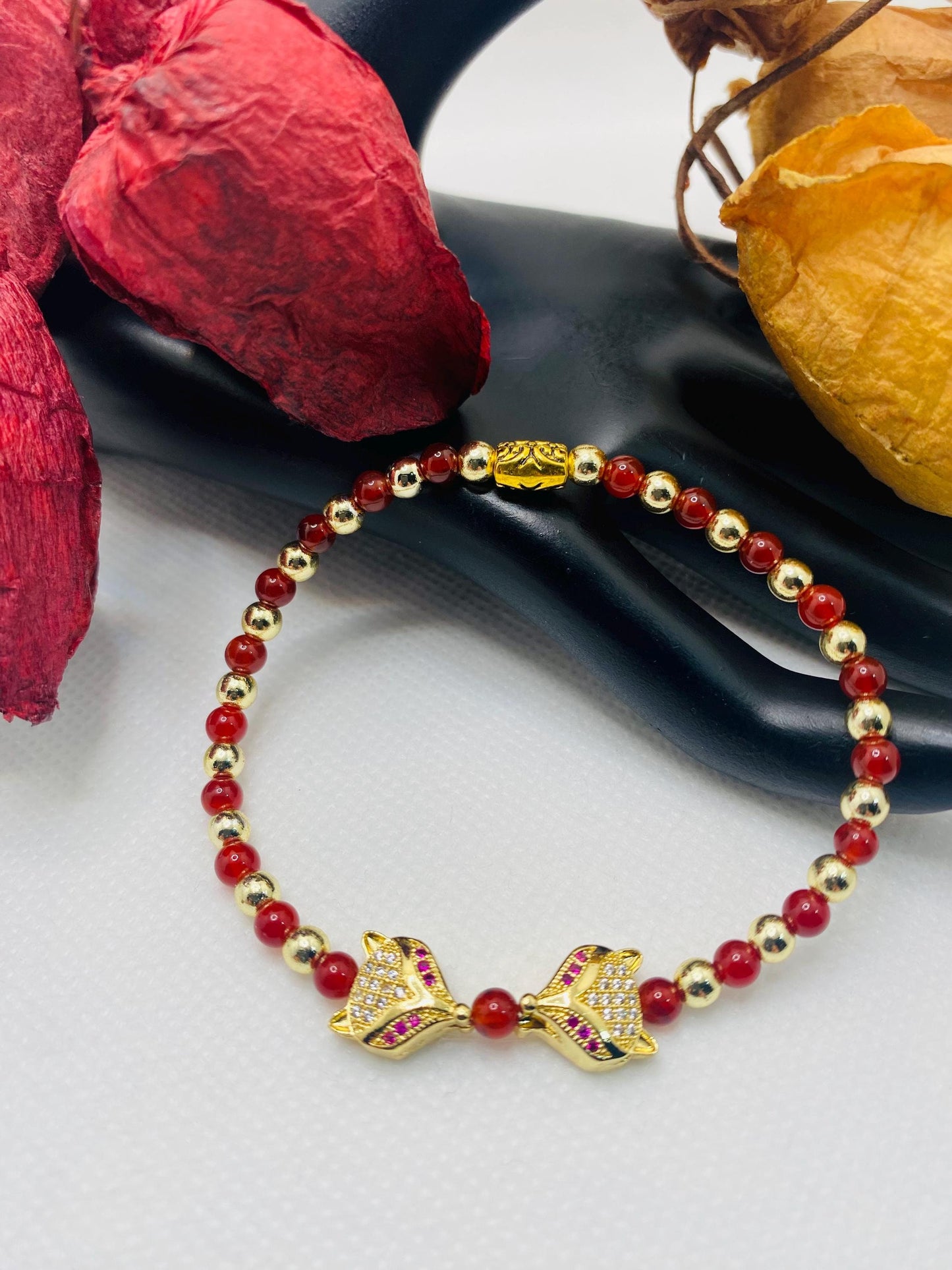 Fox Charm Bracelet: Carnelian, Gold Hematite & Cubic Zirconia