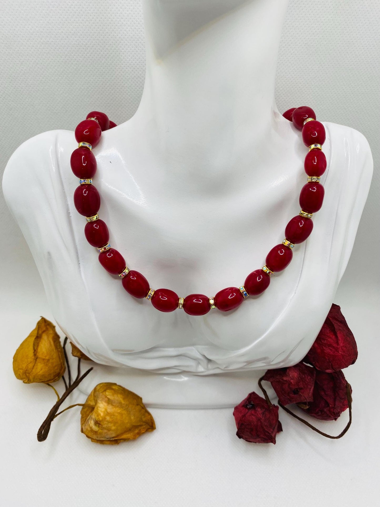 Red Jade Gemstone Necklace: Rhinestone Rondelles, Magnetic Clasp