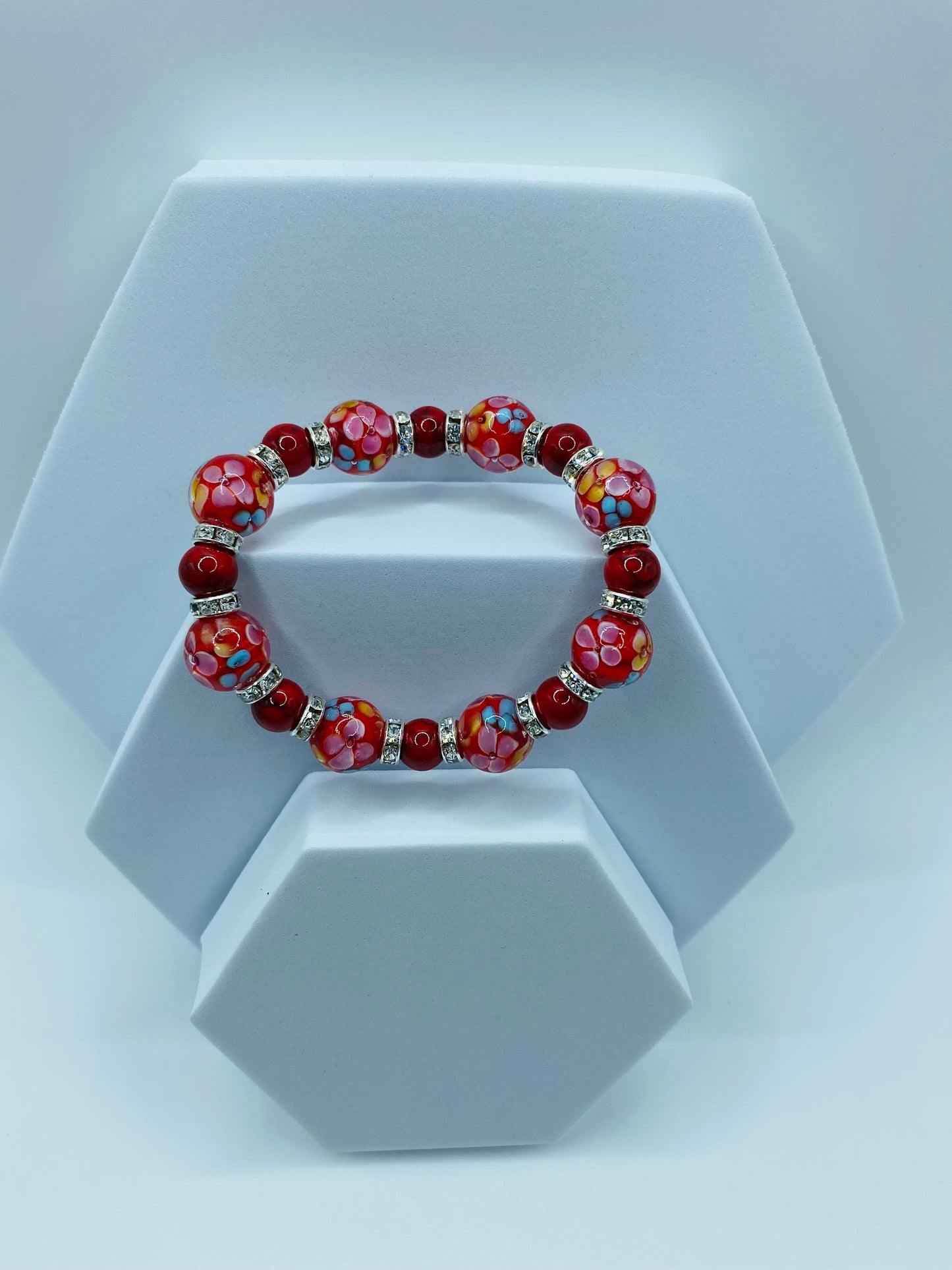 Red Lampwork Flower Bracelet: Turquoise & Rhinestone Beaded Jewelry