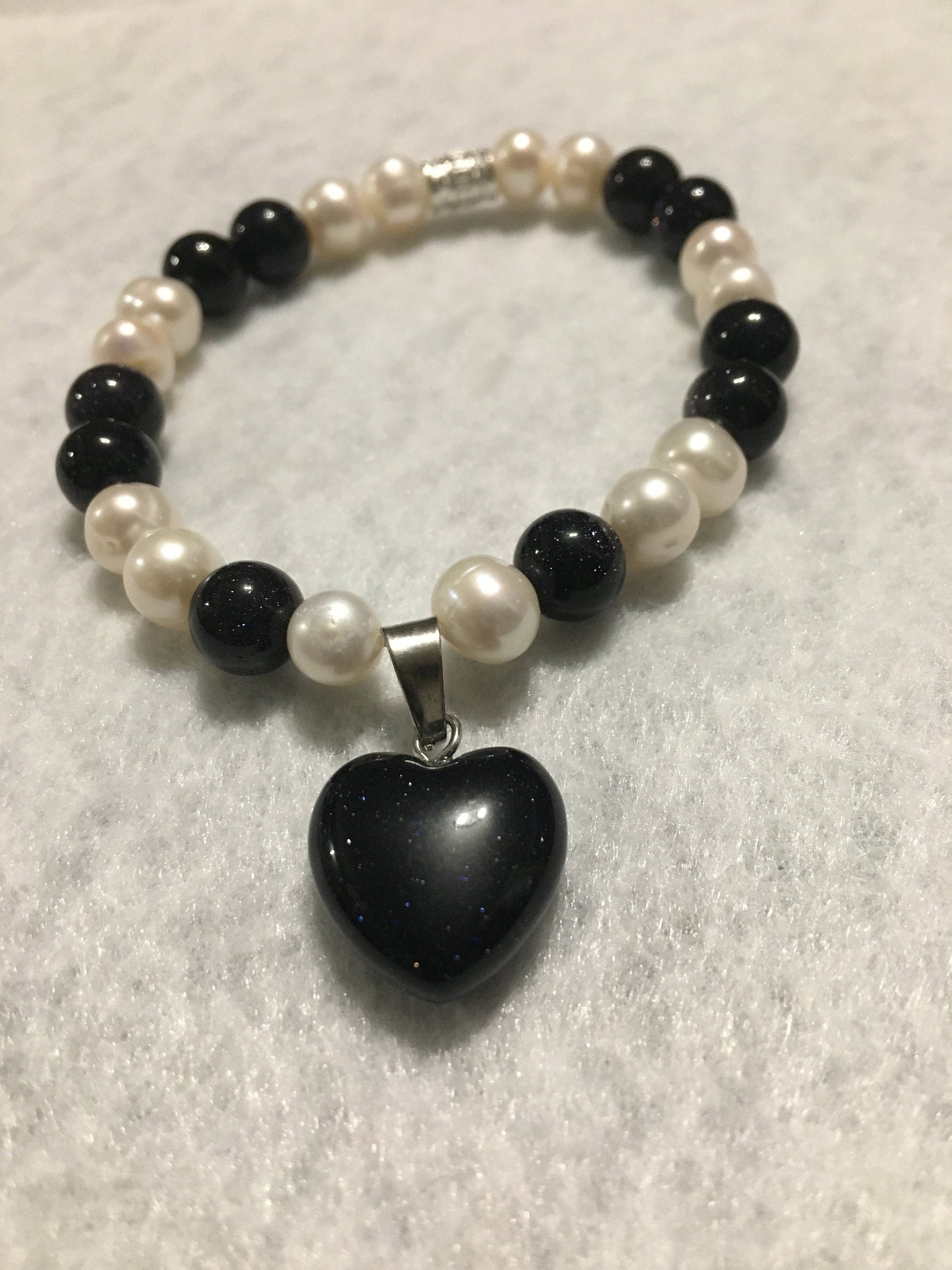 Pearl Bracelet: Blue Sandstone Heart Pendant, Handmade Jewelry