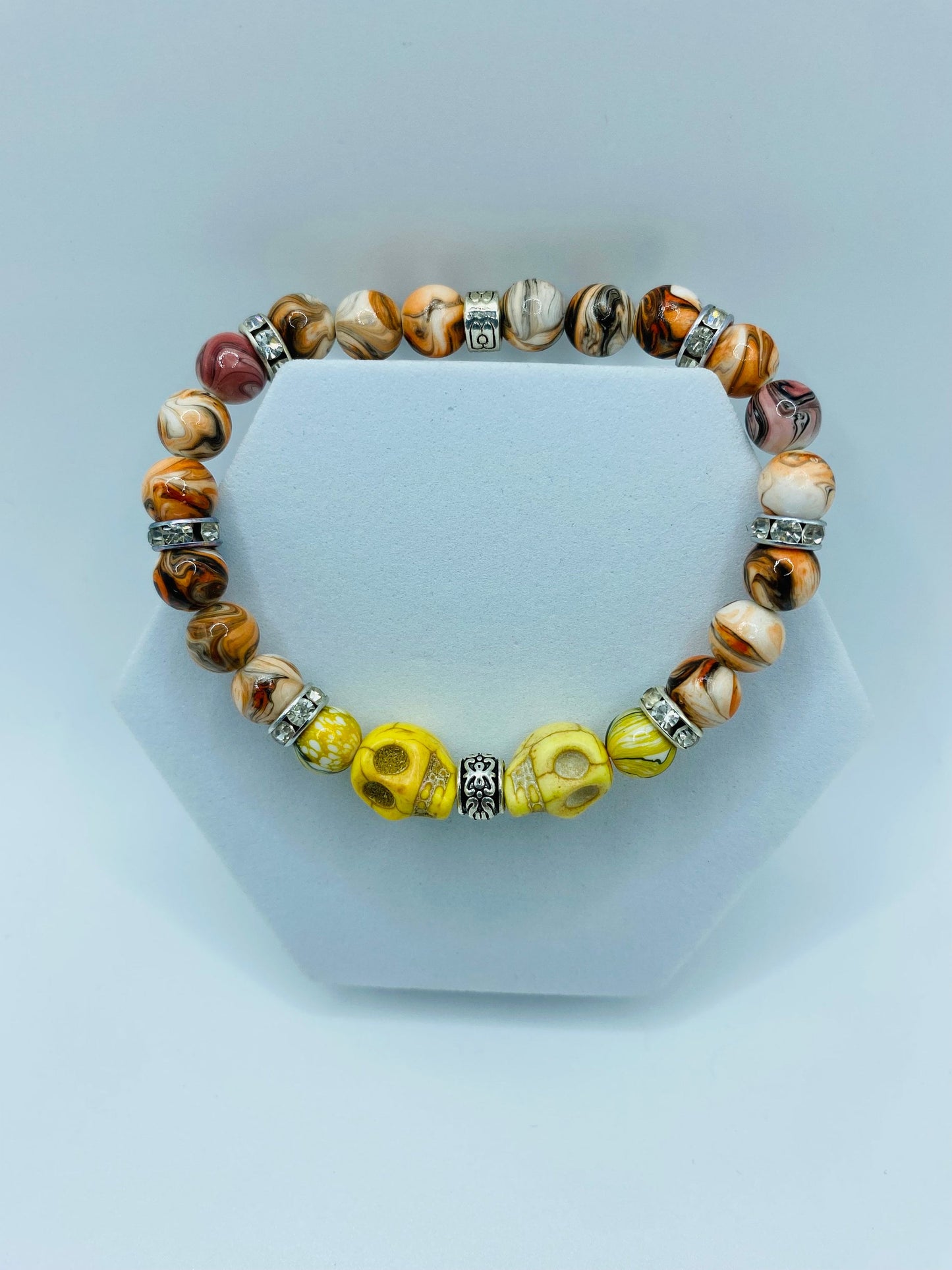 Dia de Los Muertos Skull Bracelet: Turquoise Skull Beads, Rhinestone Spacers