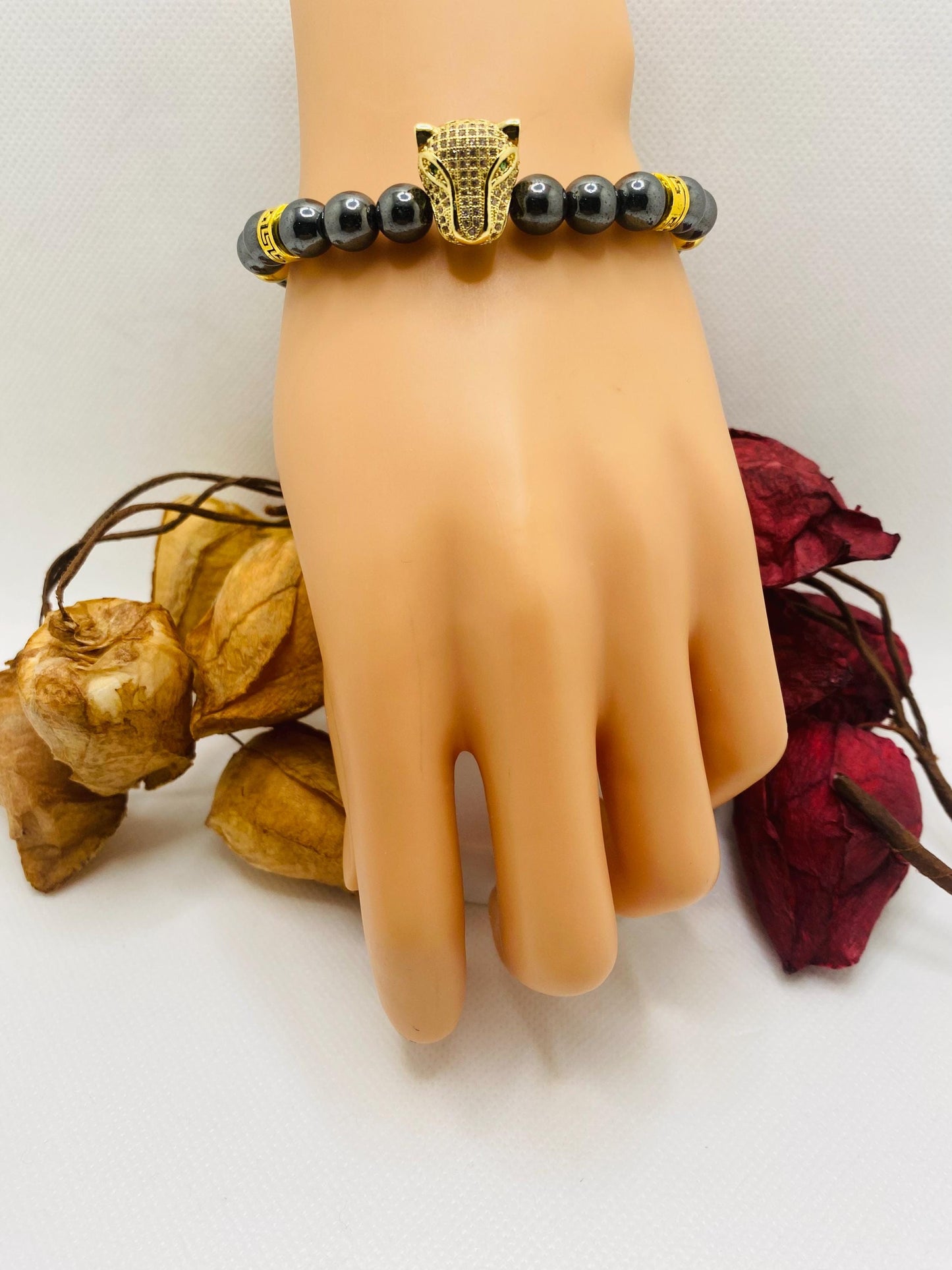Black Hematite Bracelet: Gold Panther Bead Charm, Unisex Jewelry