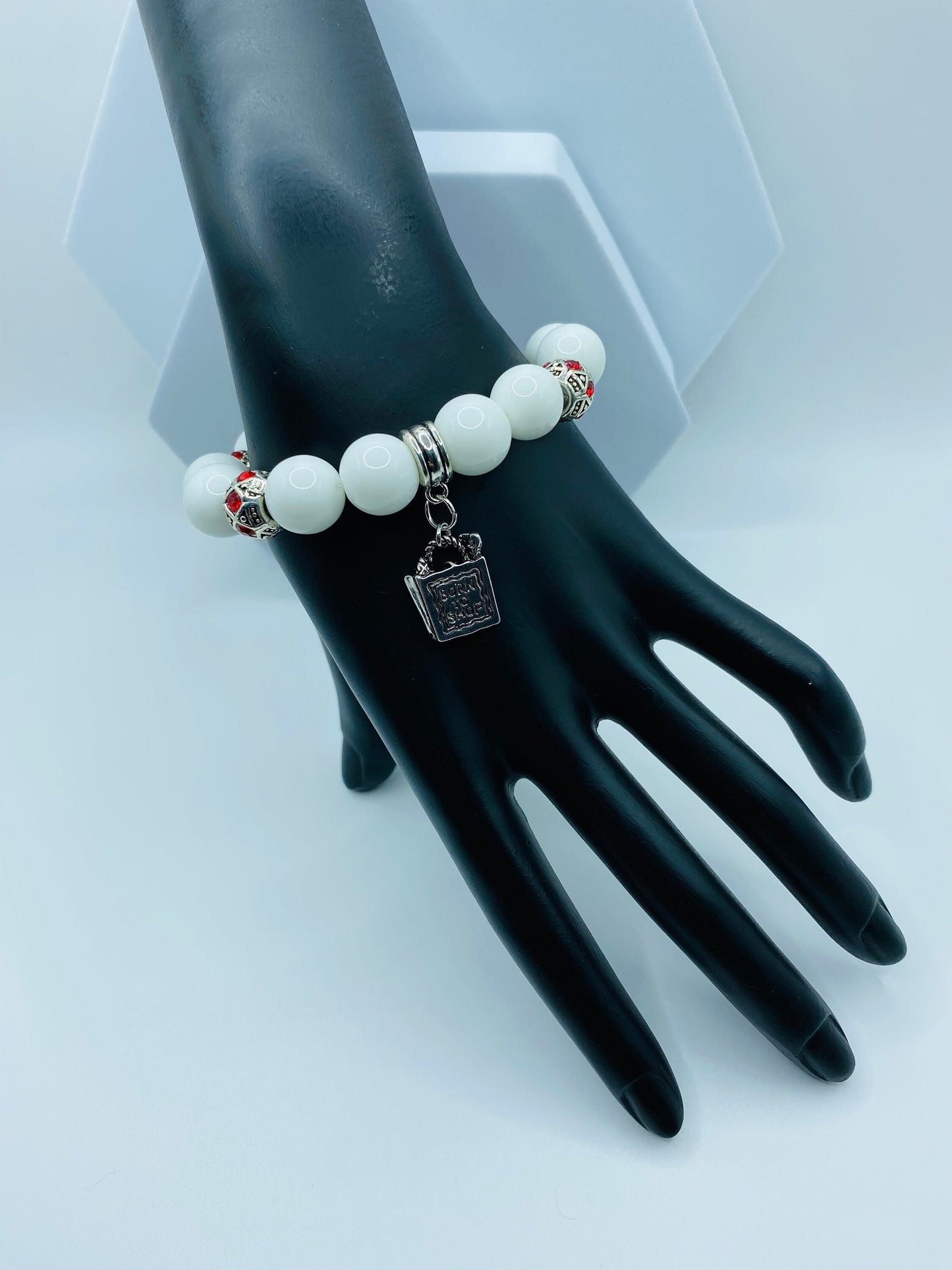 Porcelain Charm Bracelet: Red Rhinestone Handbag Pendant, Antique Silver