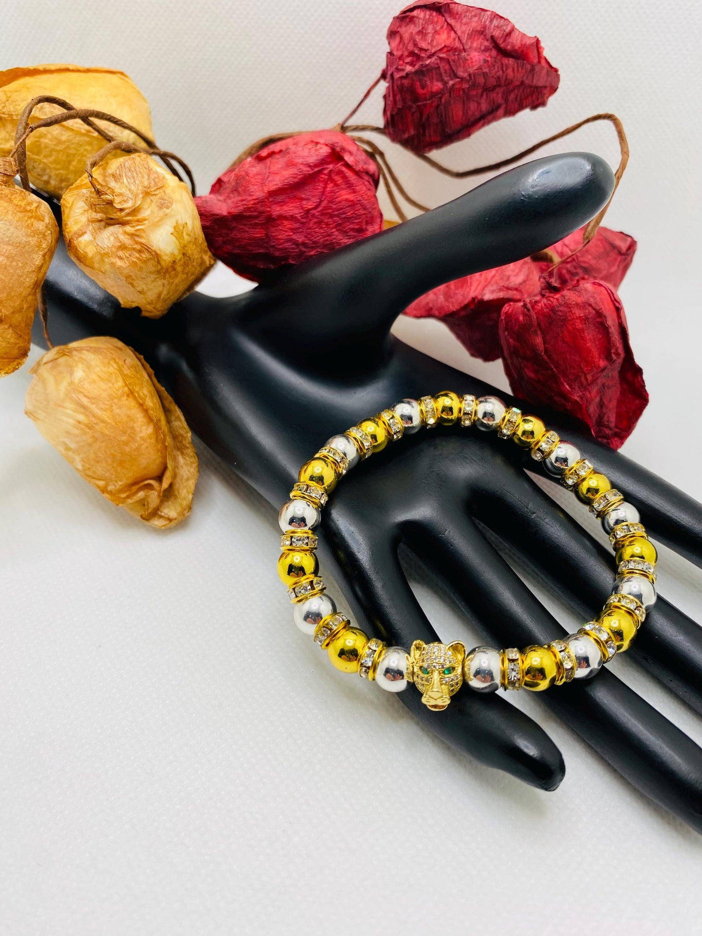 Tiger Charm Bracelet: Gold & Silver Hematite Beads, Cubic Zirconia