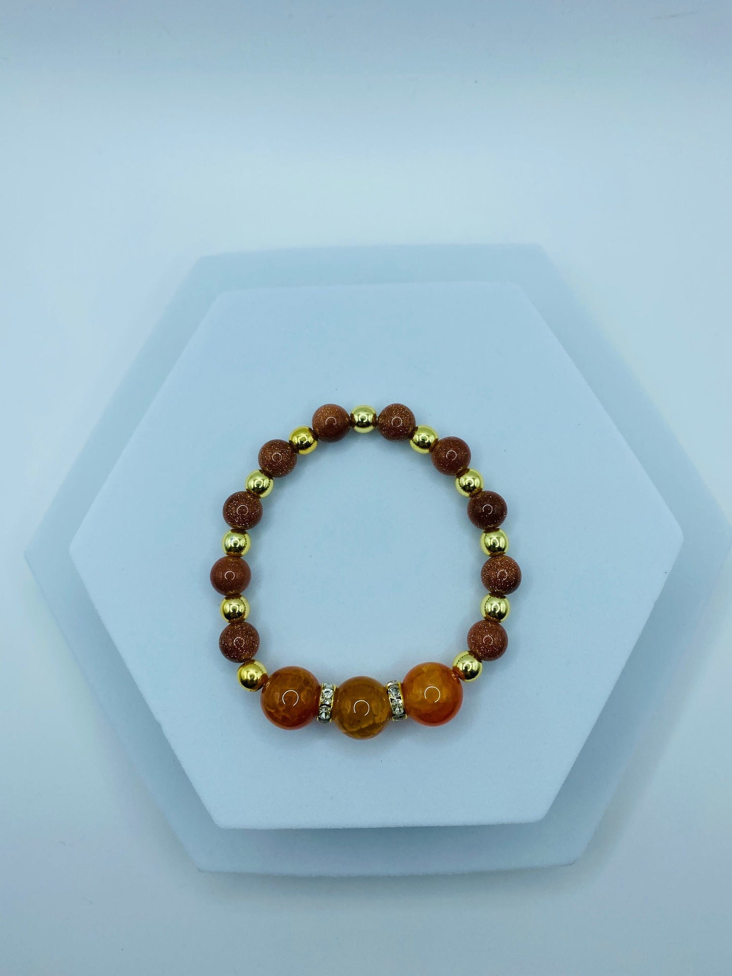Handmade Orange Jade Bracelet: Goldstone & Gold-Plated Hematite Beads