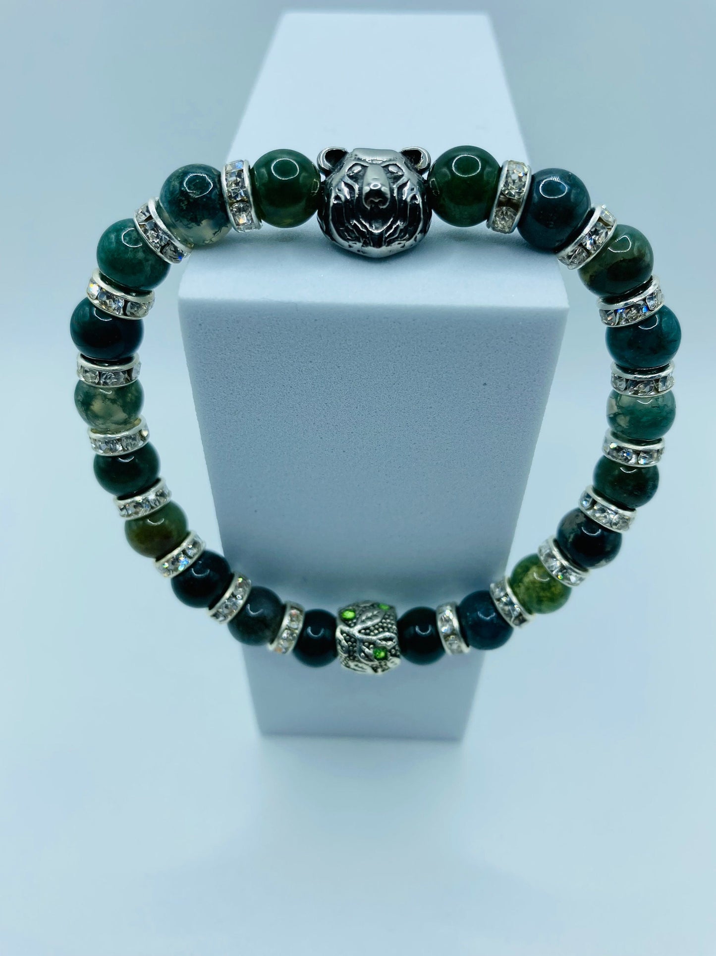 Mens Moss Agate Beaded Bracelet: Bear Charm, Rhinestone Spacers